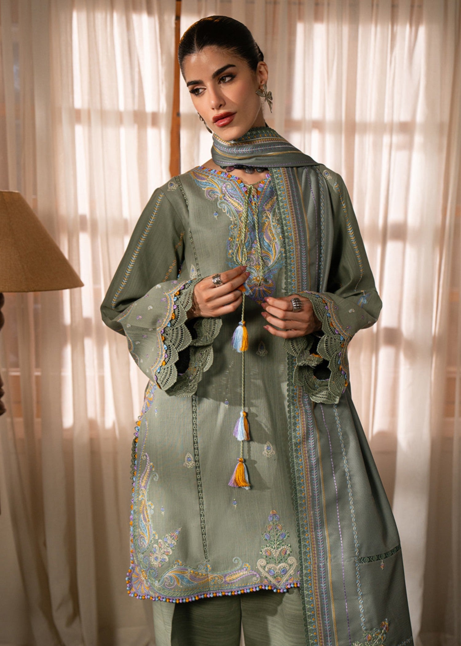 khaddar Unstitched in Sage green
