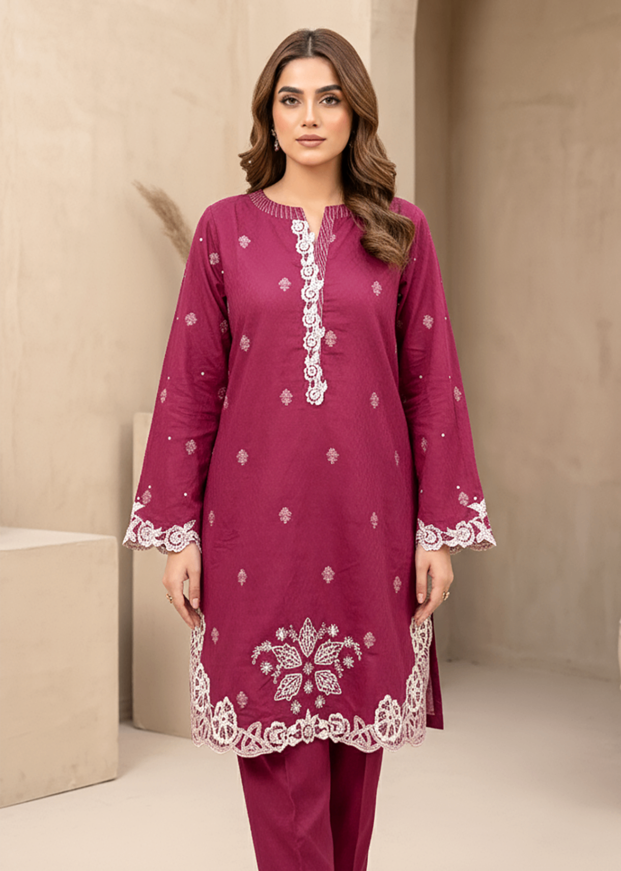 jacquard Kurti in Shocking pink