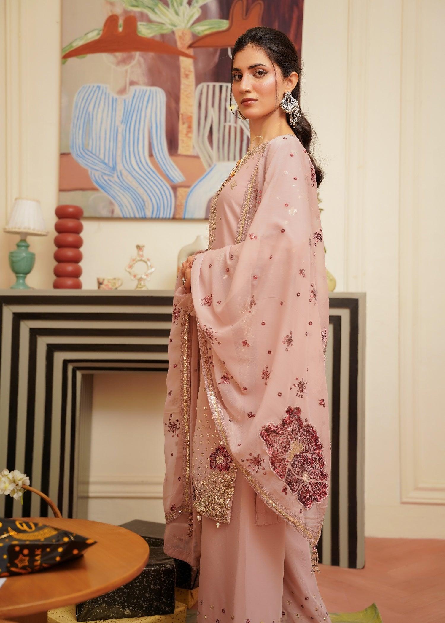 chiffon Kurta Set in Tea rose pink