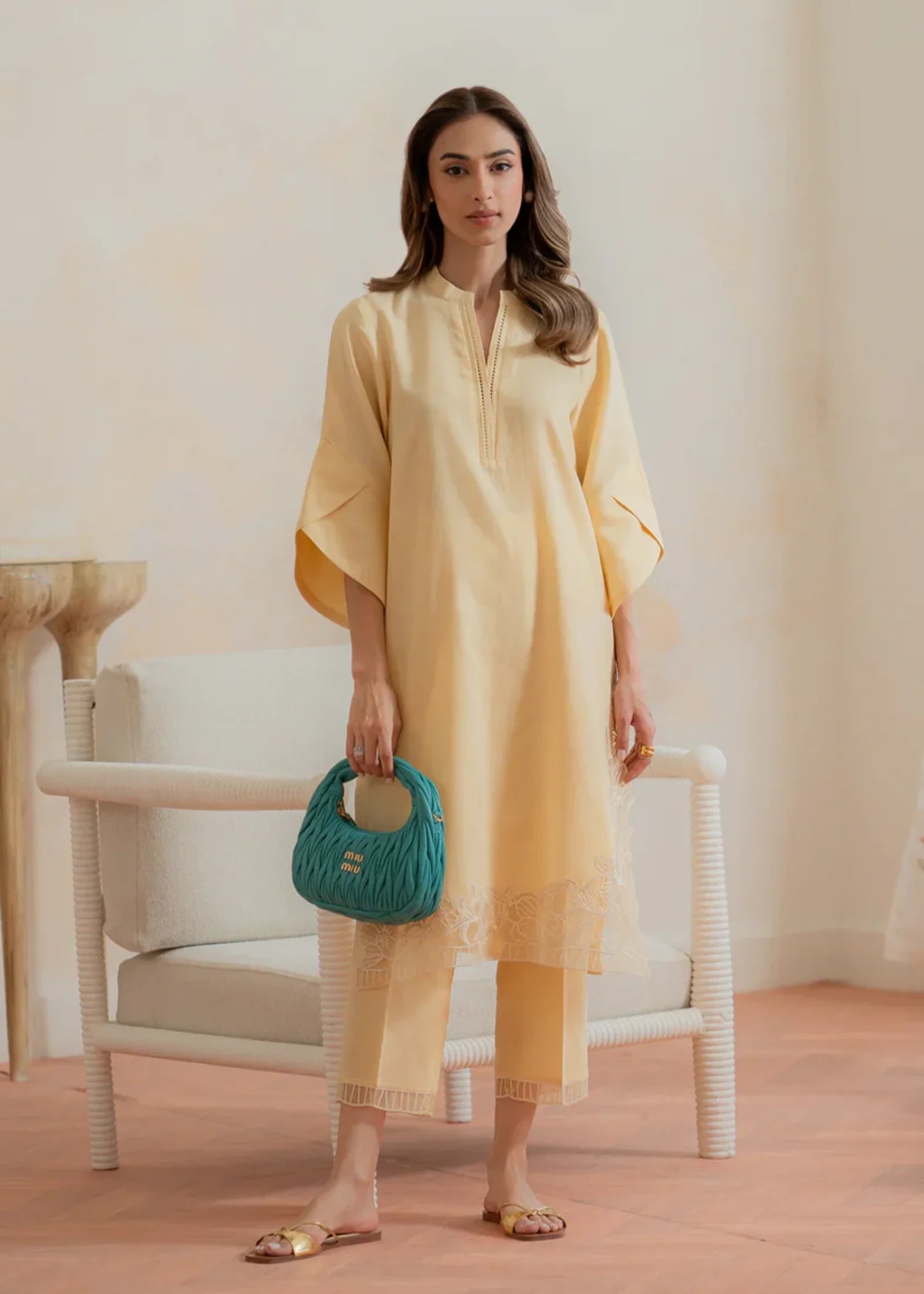 dobby Kurta Set in Lemon