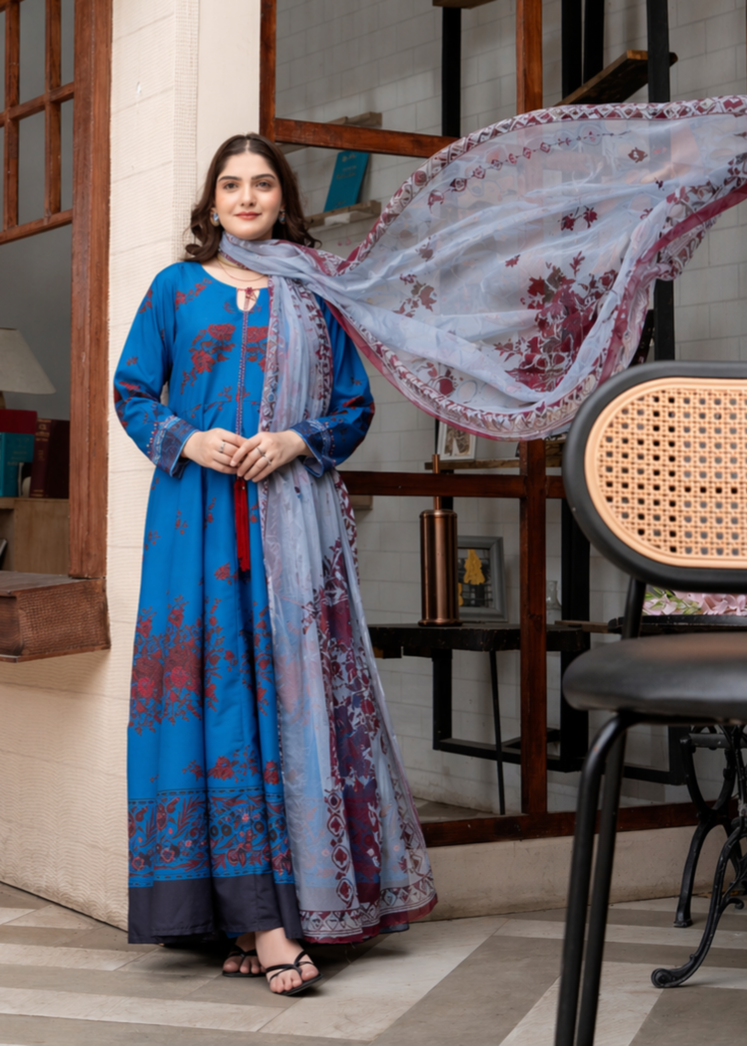 poly lawn Anarkali in Navy blue, pastel grey, burnt red