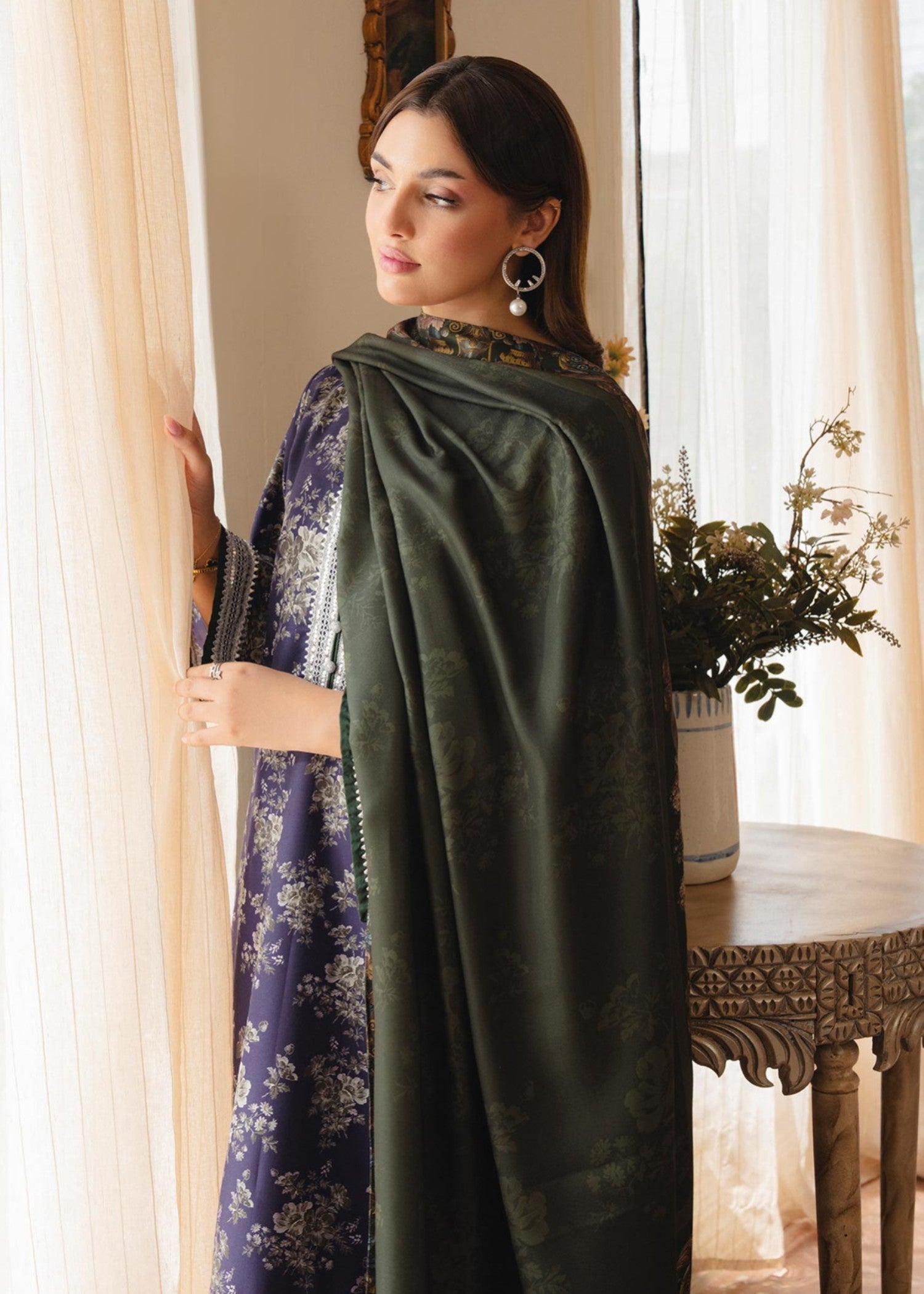 twill khaddar Kurta Set in Avocado green, deep purple