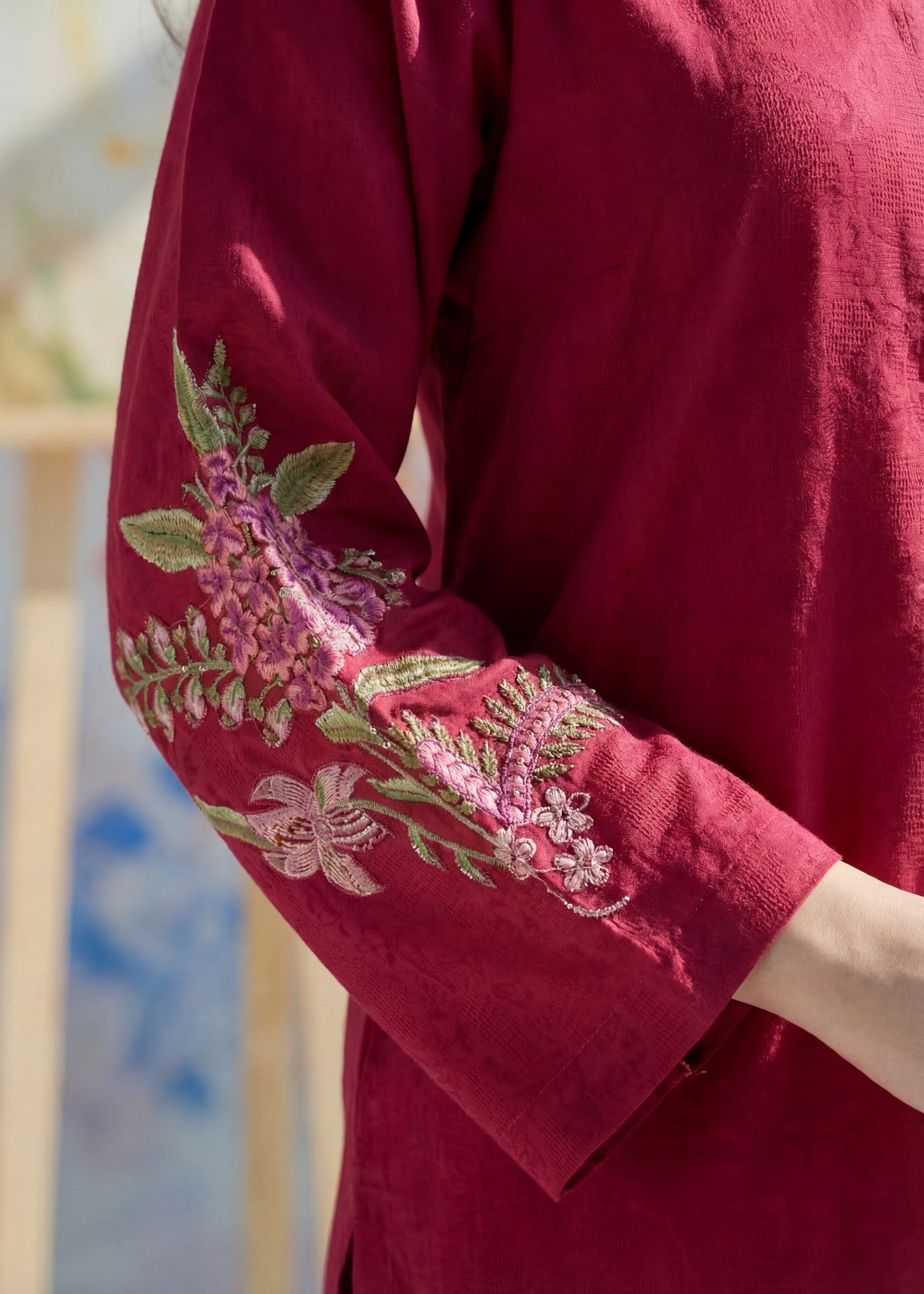 textured lawn Kurta Set in Crimson