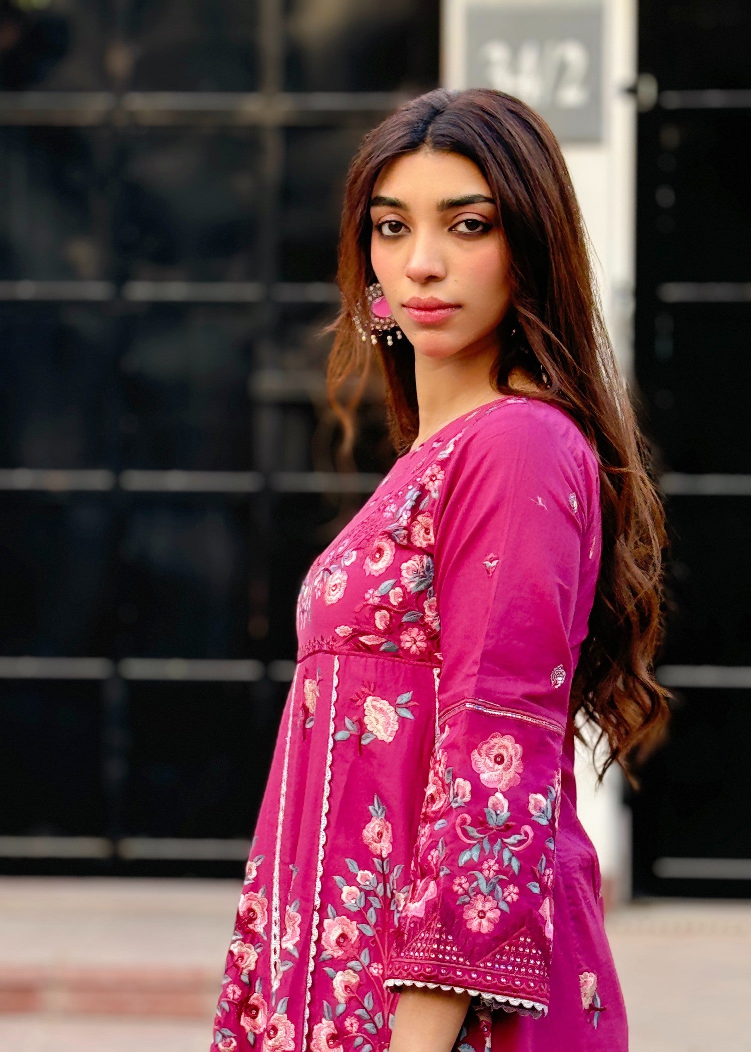 lawn cotton Anarkali in Raspberry pink