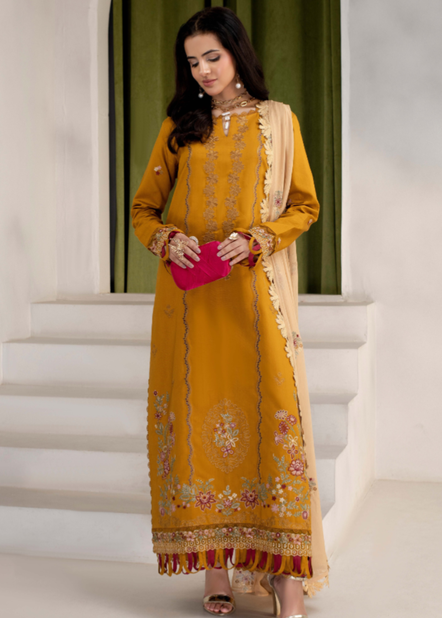viscose Unstitched in Mari gold, wheat