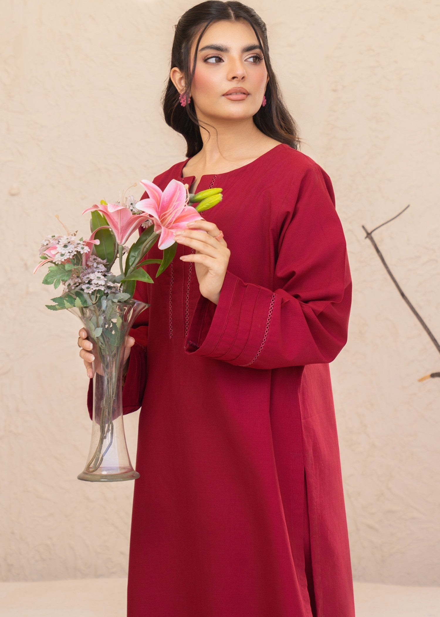 khaddar Kurta Set in Deep pink