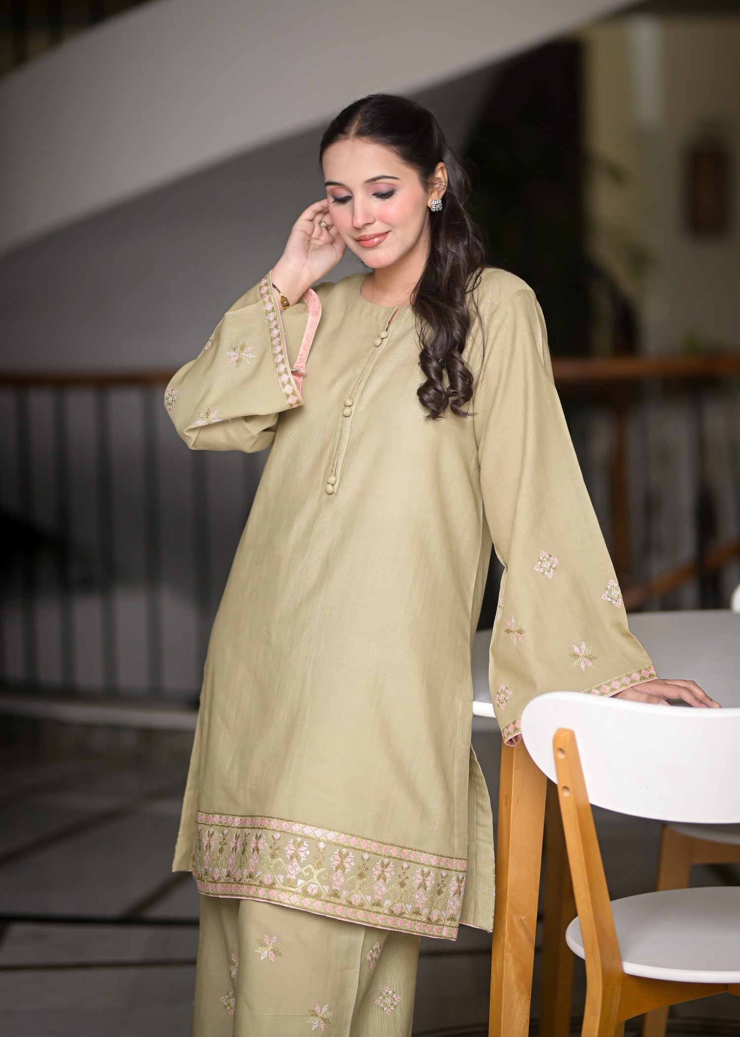 khaddar Kurta Set in Pistachio green