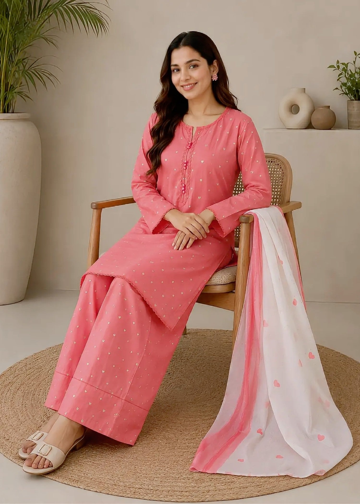 cotton Kurta Set in Coral pink