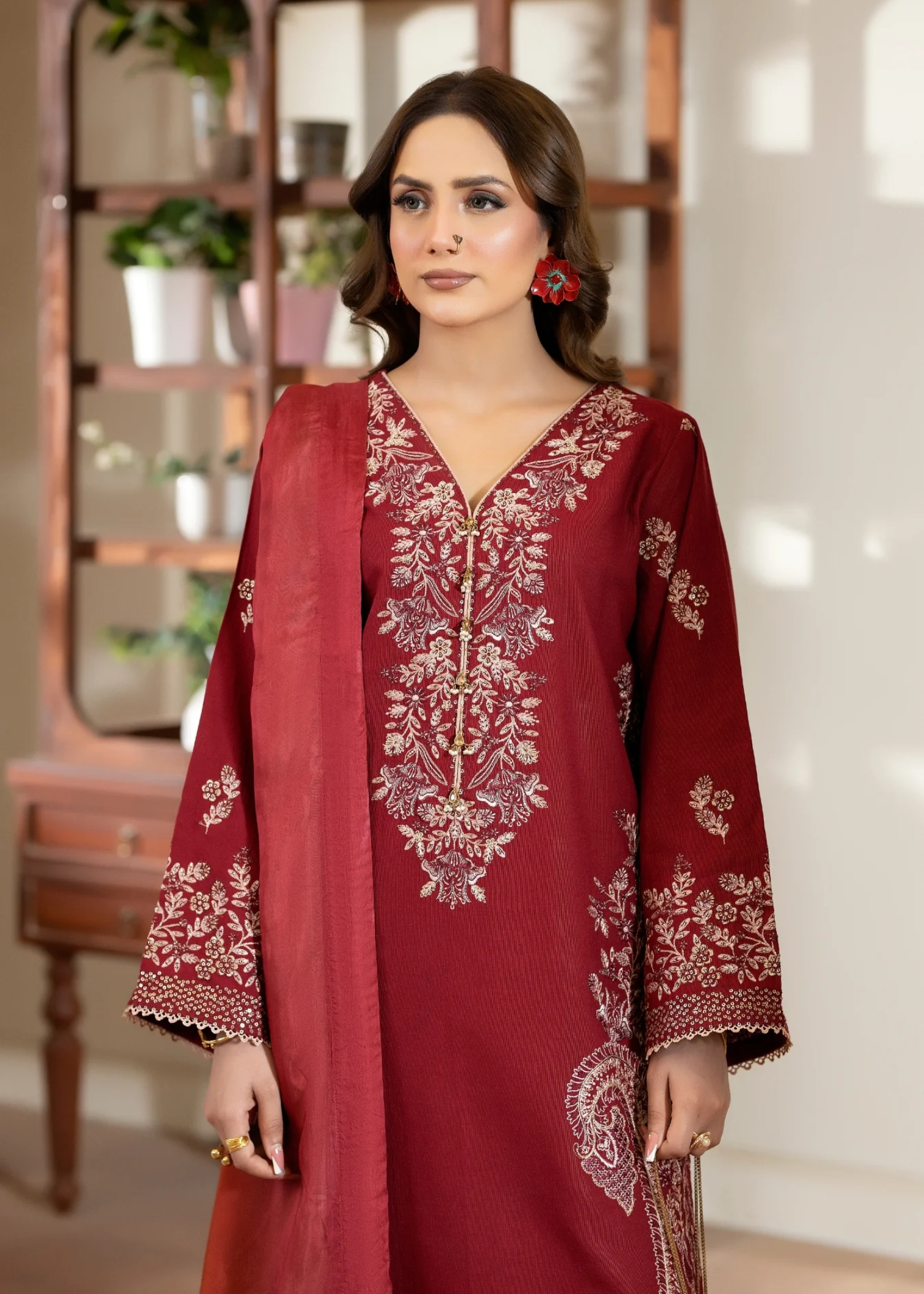 self jacquard Kurta Set in Red
