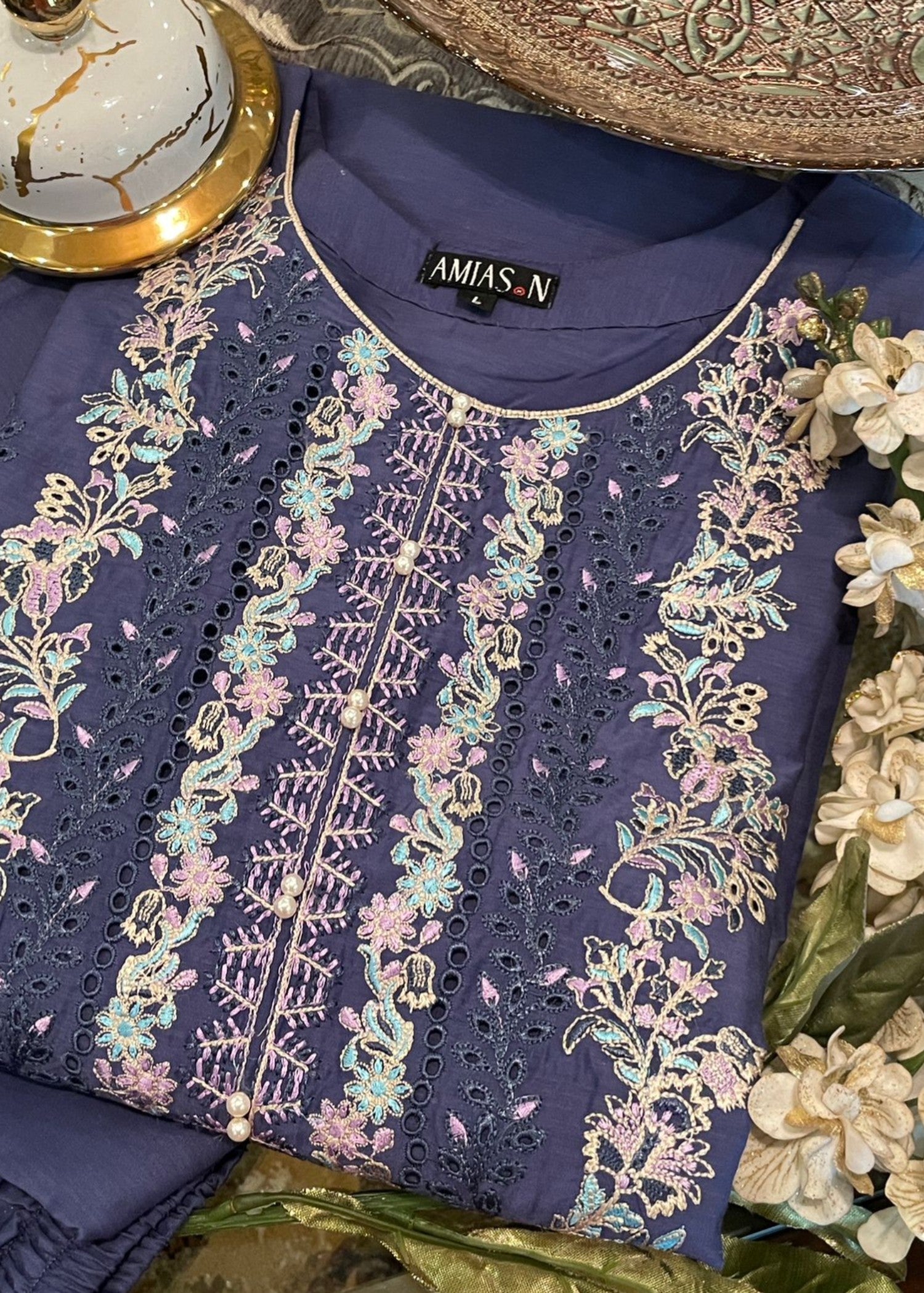 viscose raw silk Kurta Set in Slate blue