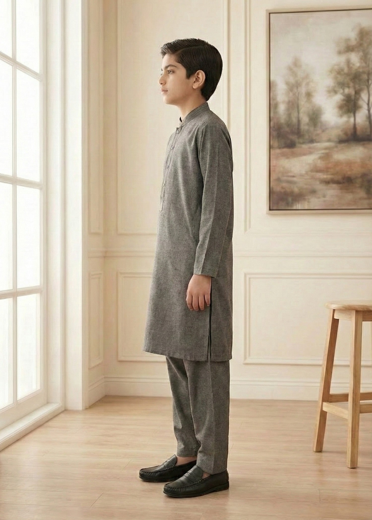 textured wash & wear Kurta Set in Grey