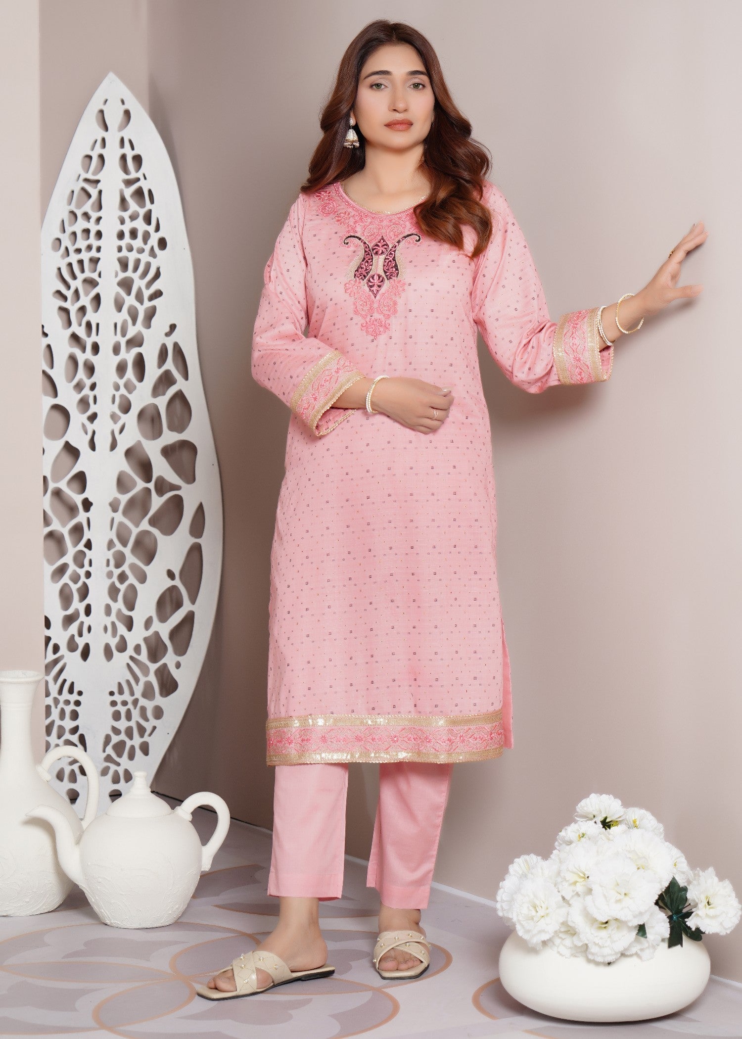 jacquard Kurta Set in Pastel pink