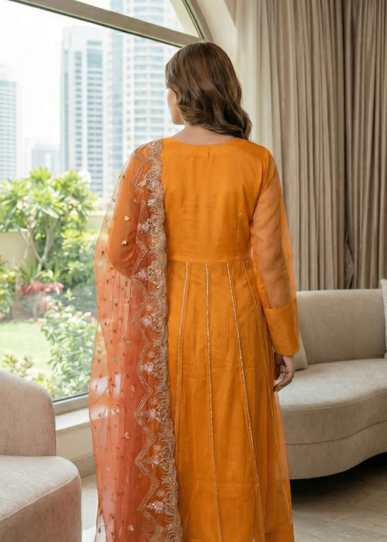 organza Pishwas in Mustard
