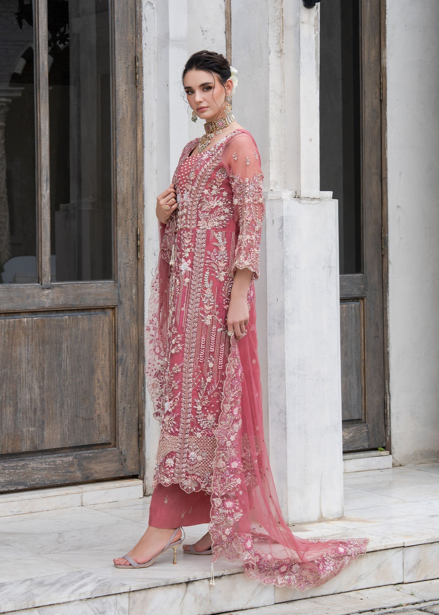 organza Kurta Set in Tea rose pink