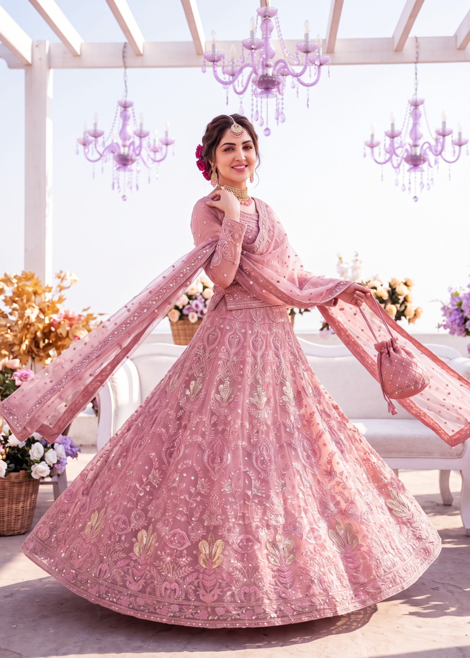 net Lehenga in Thulian pink