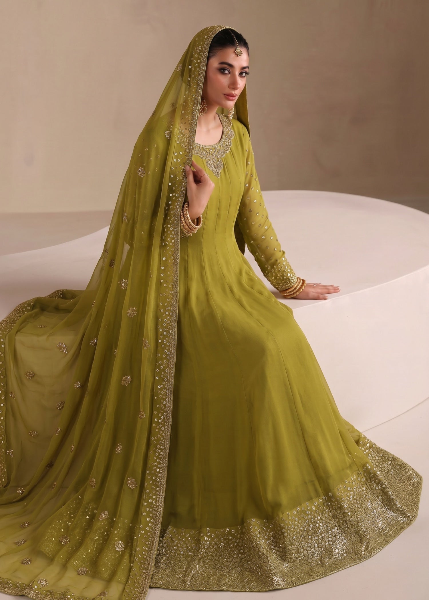 chiffon Pishwas in Apple green
