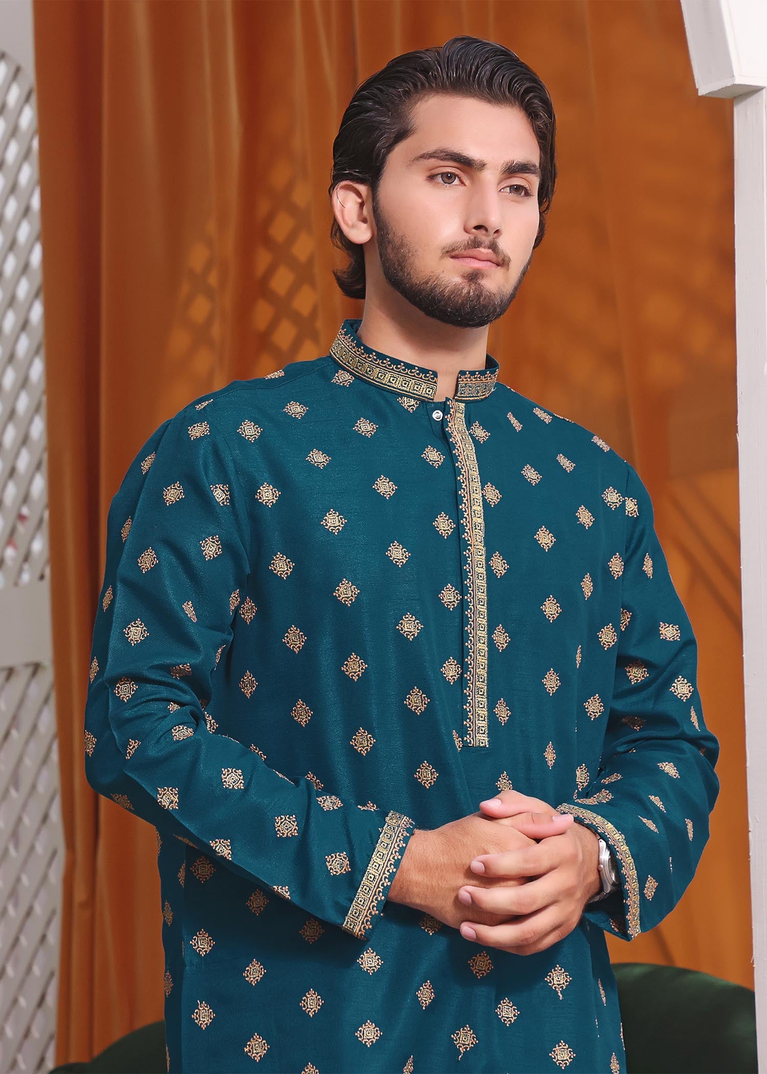 raw silk Kurta Set in Dark cyan