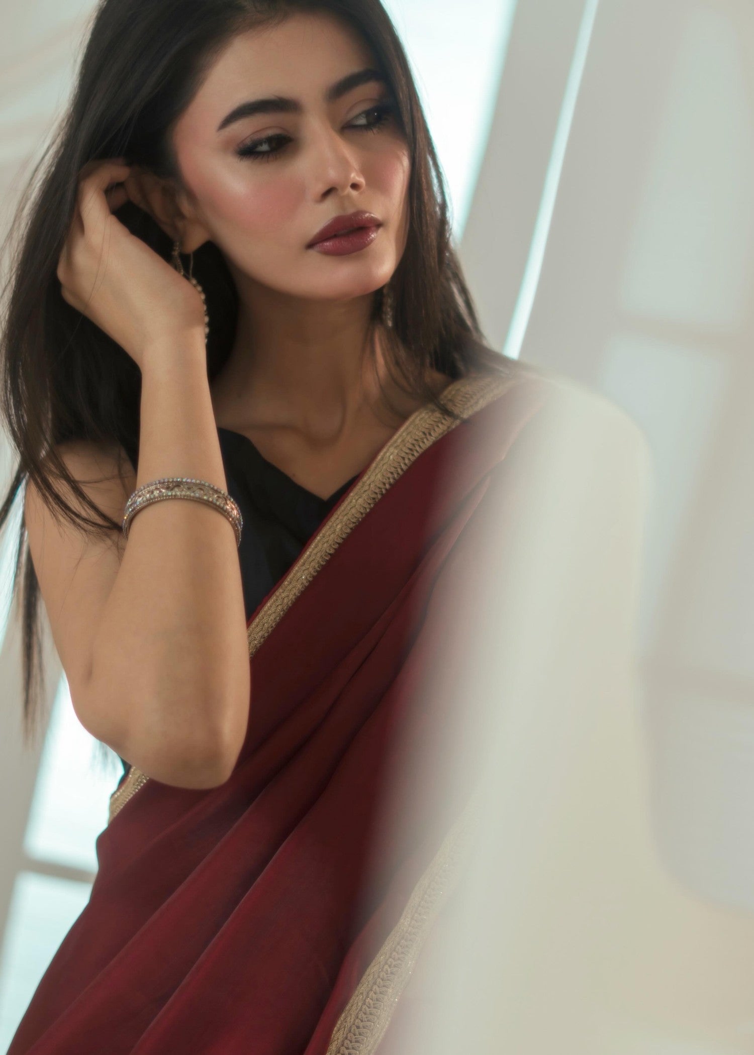 silk Saree in Maroon, black