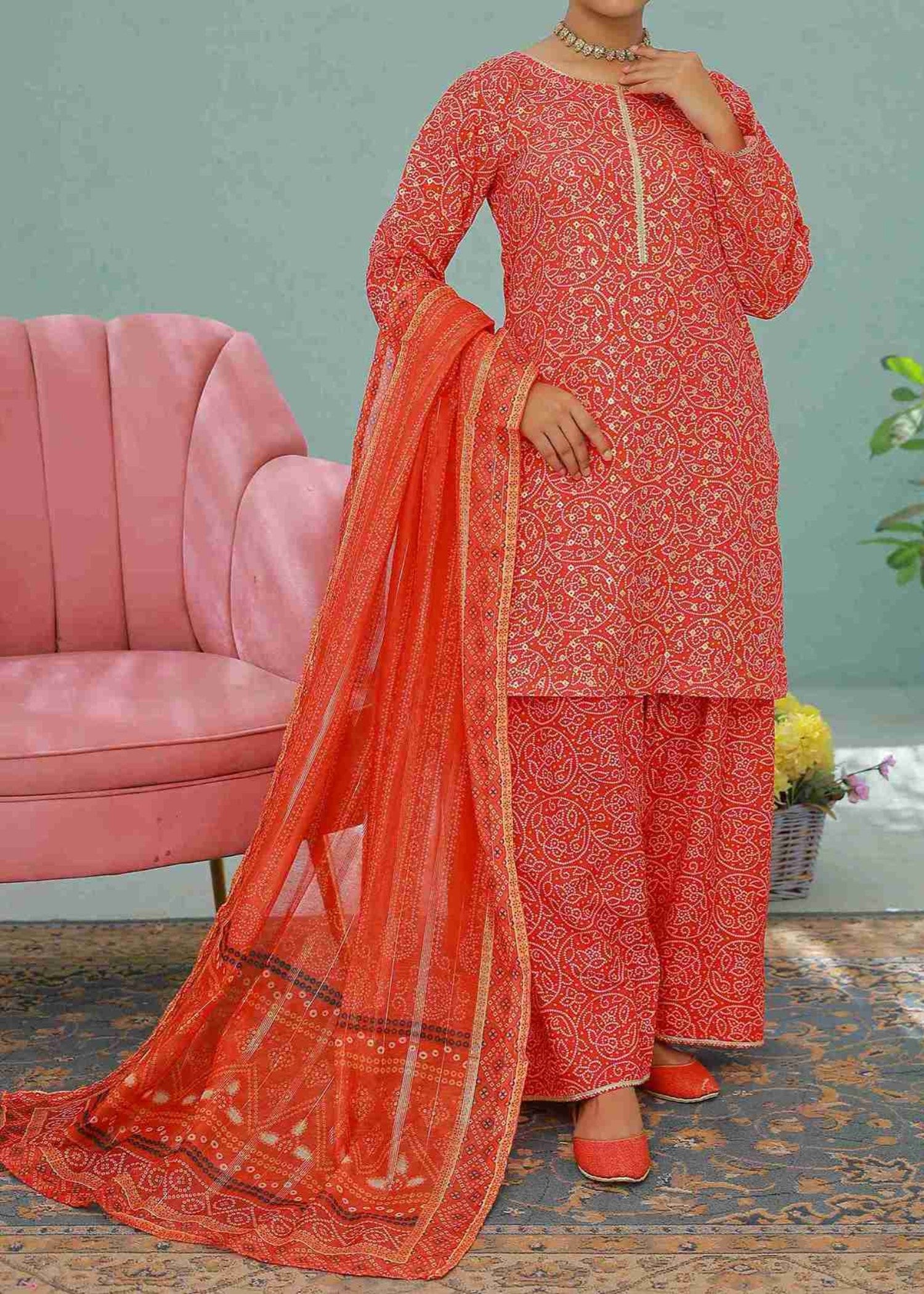 swiss lawn Kurta Set in Red
