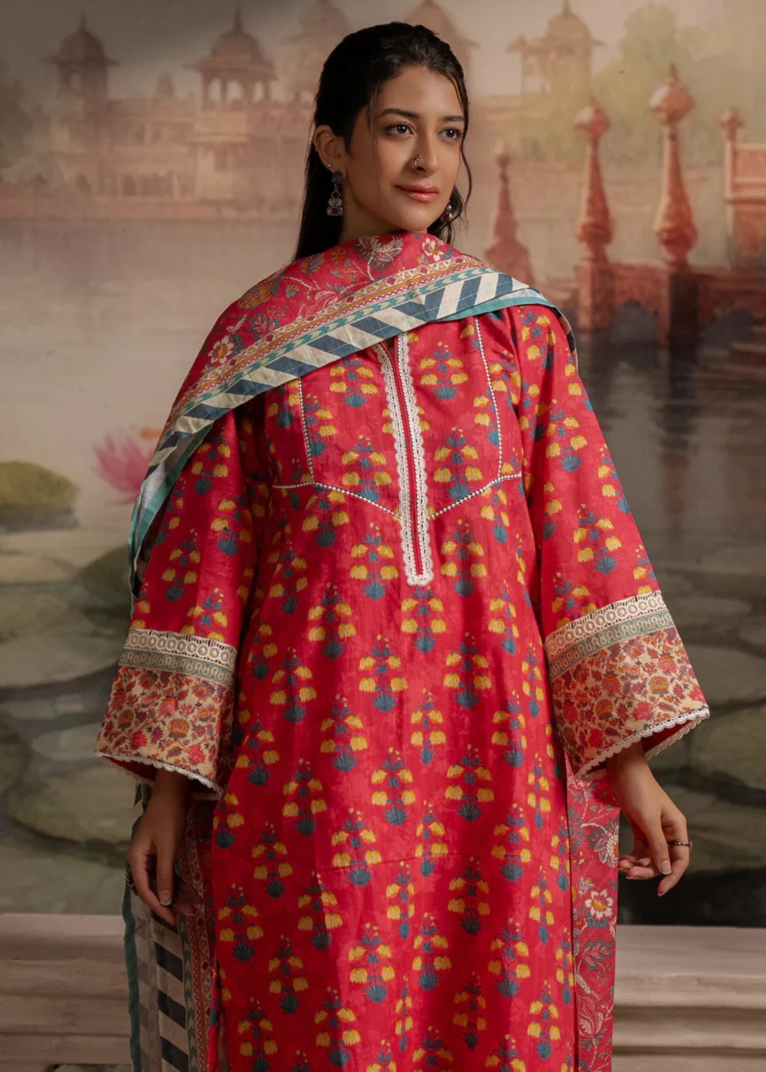 khaddar Unstitched in Coral red