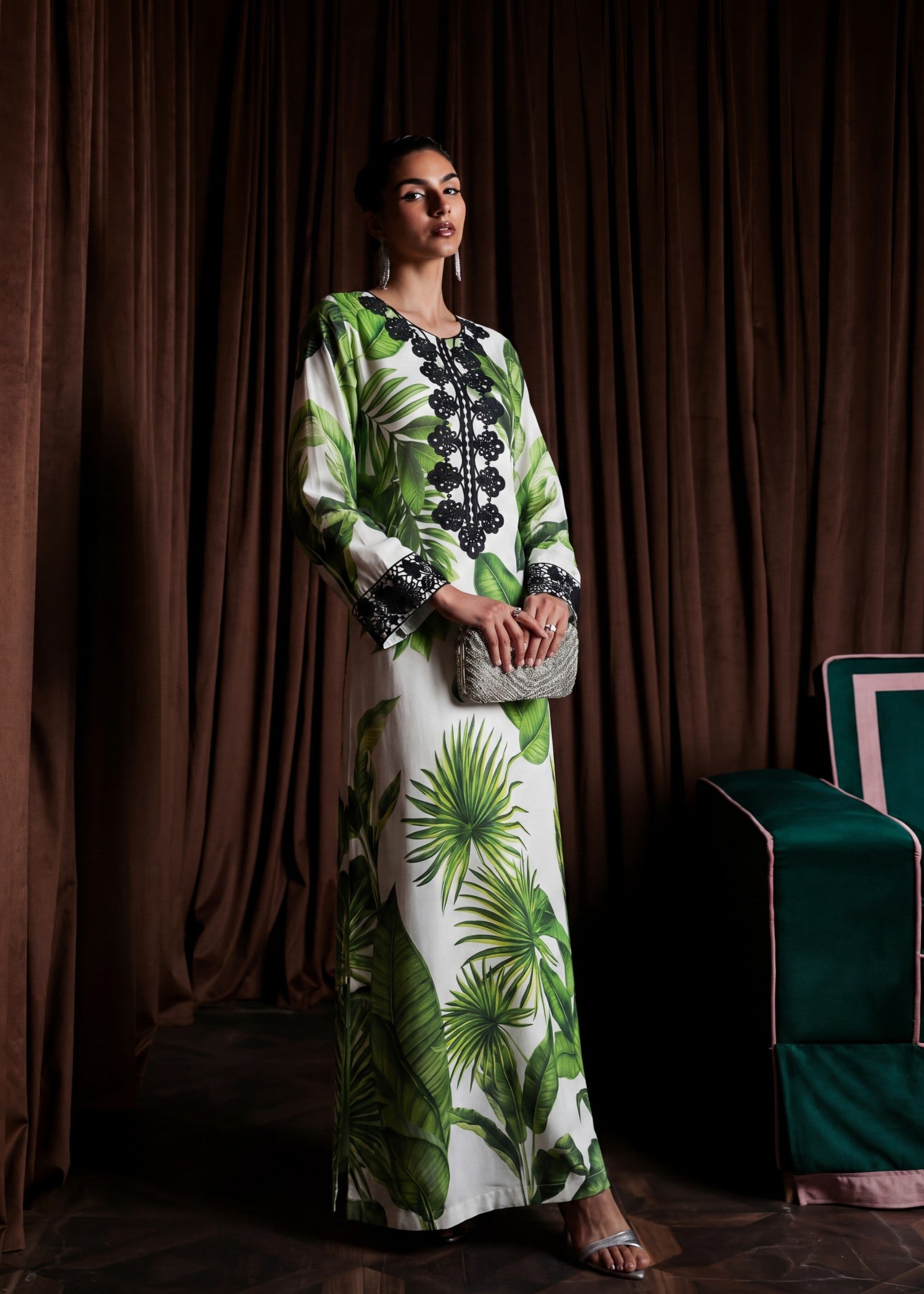 poly silk Kurti in Forest green, ivory