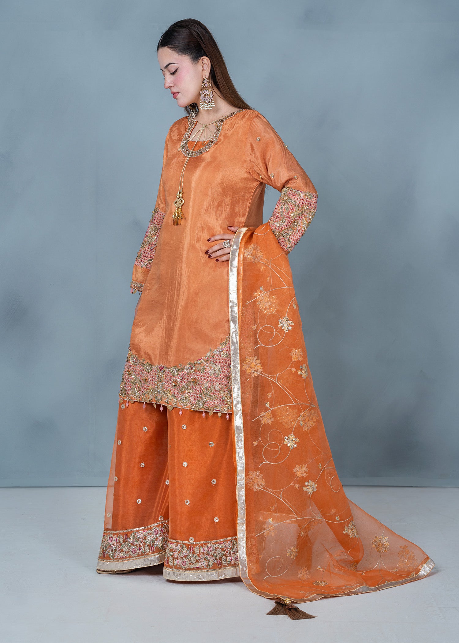 tissue silk Sharara in Orange