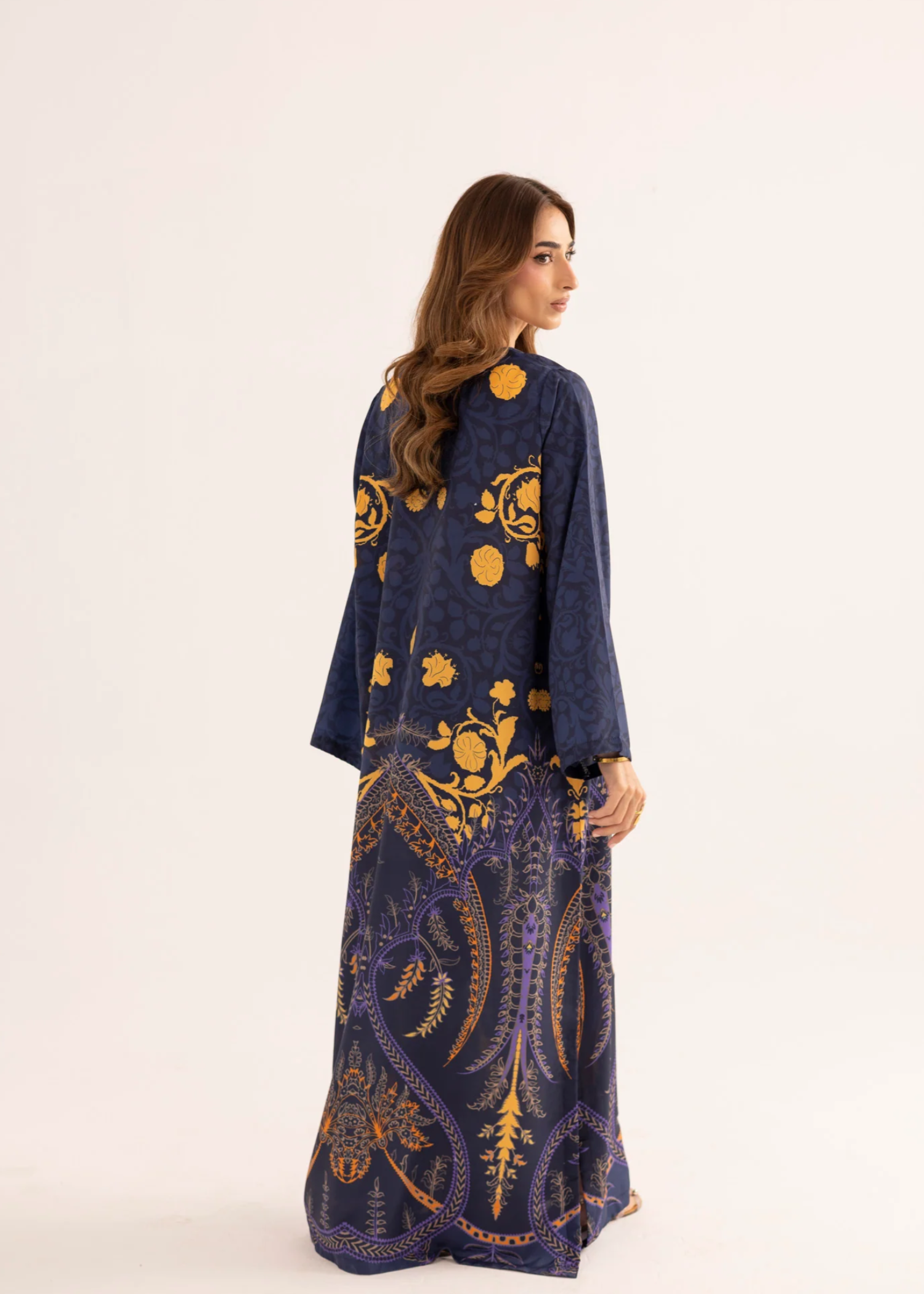 silk finish lawn Kaftan in Navy blue