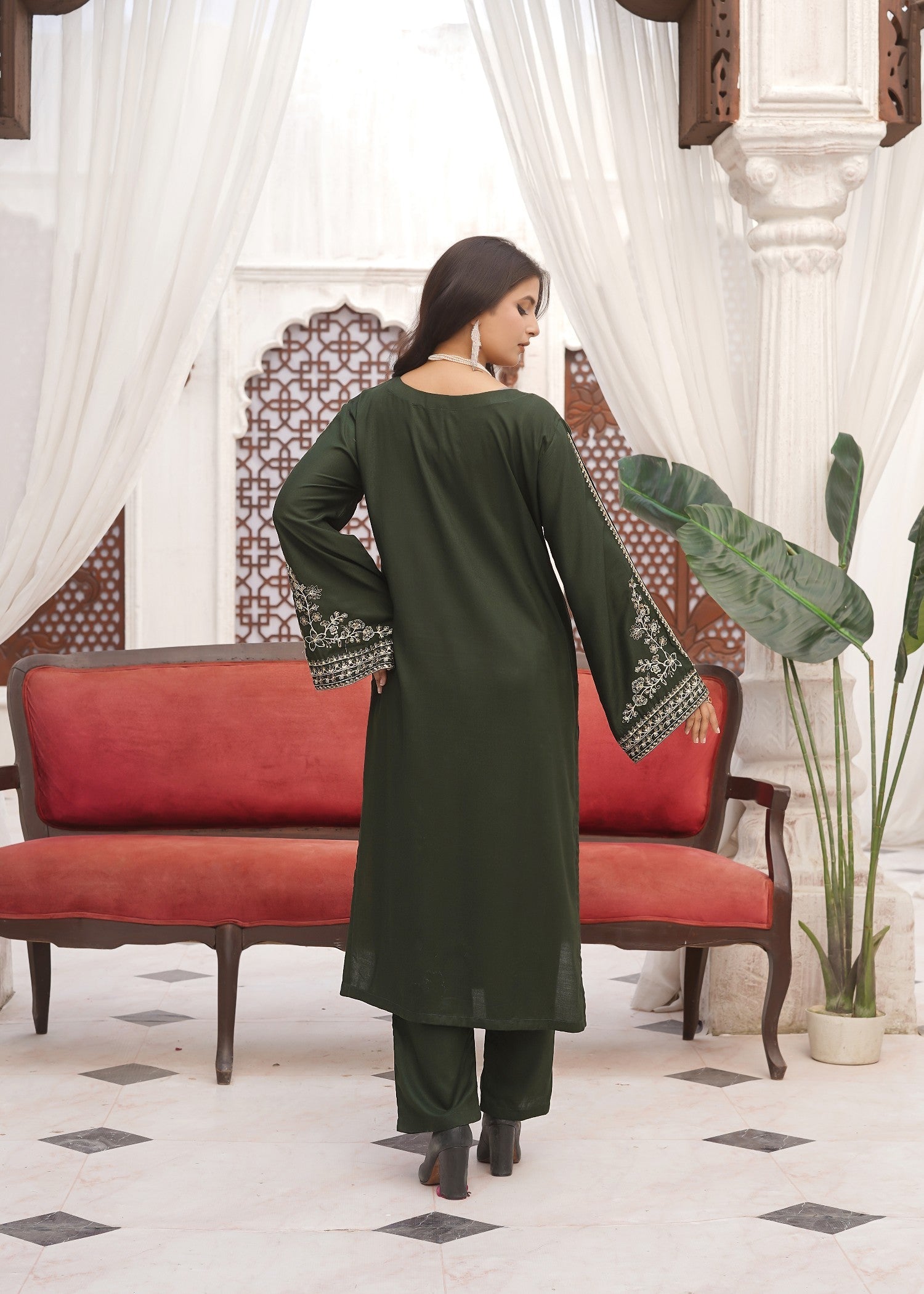 arabic lawn Kurta Set in Green