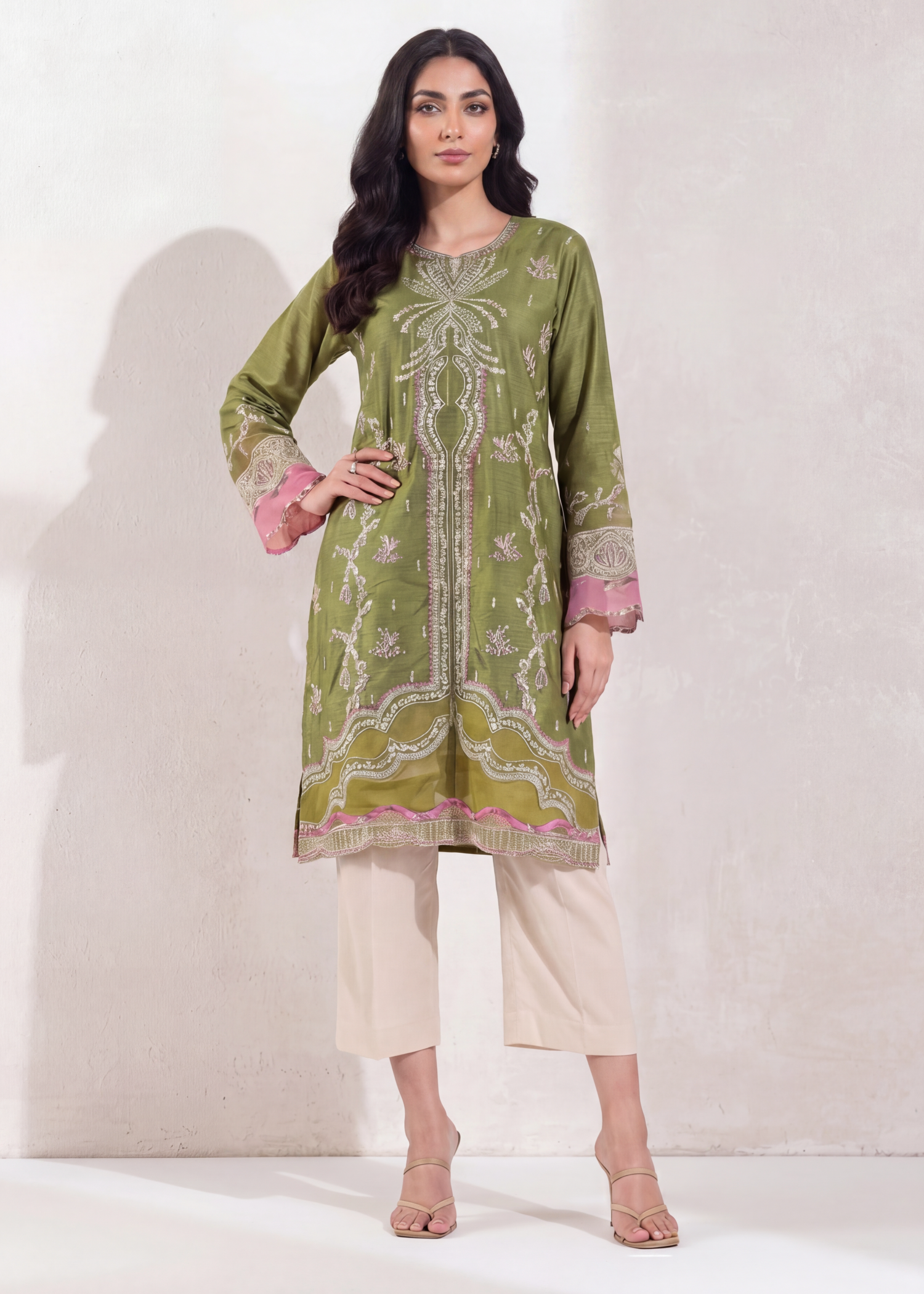 textured lawn Kurta Set in Beige, olive green