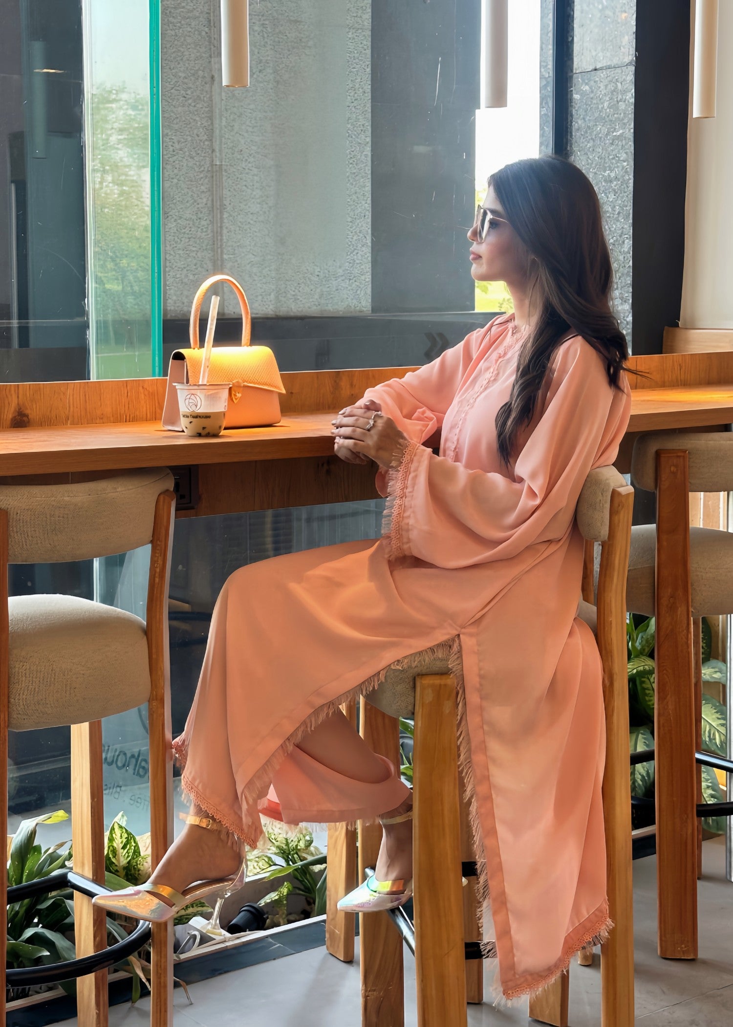 crepe Kurta Set in Tea rose pink