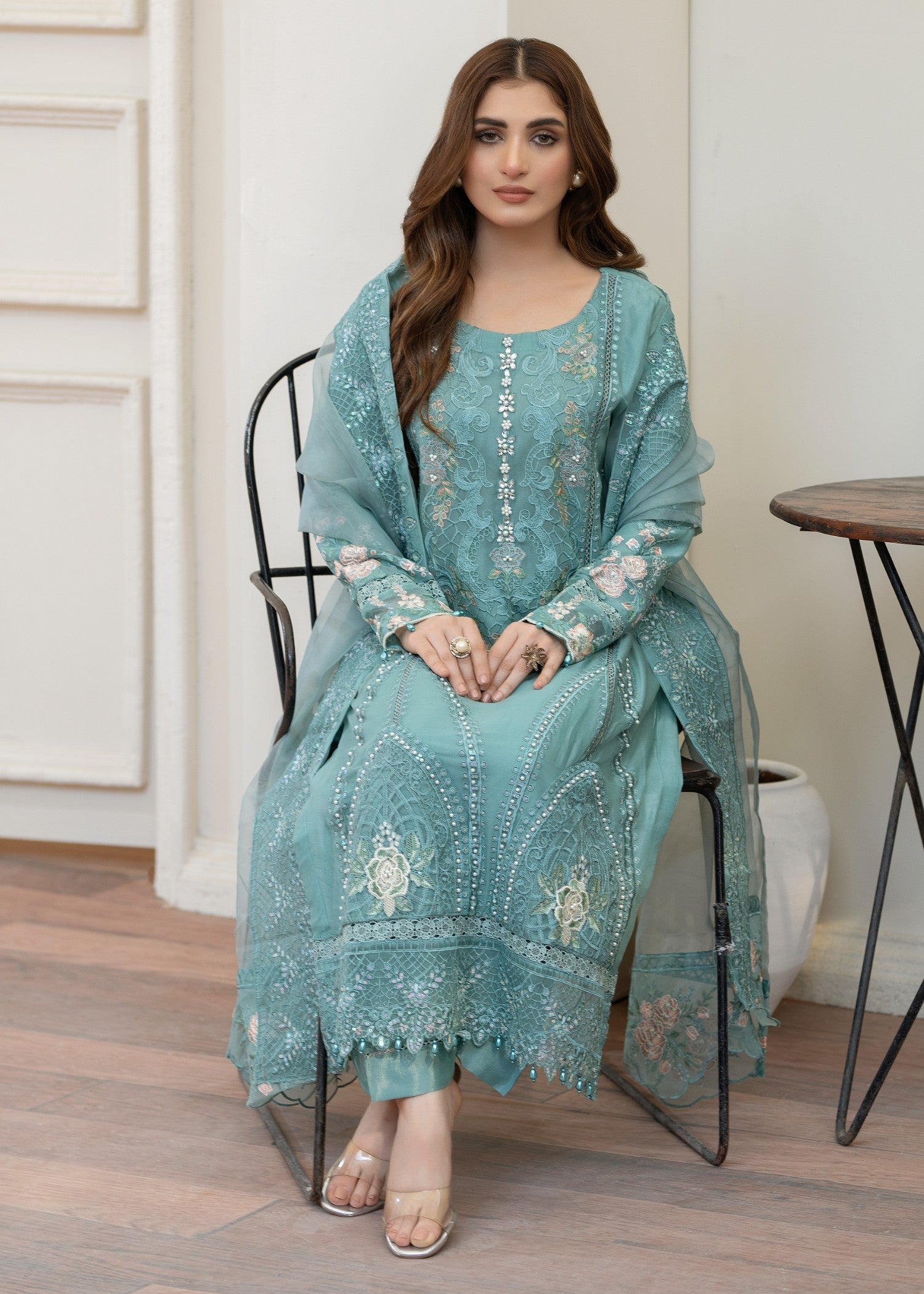 chiffon Kurta Set in Dark cyan