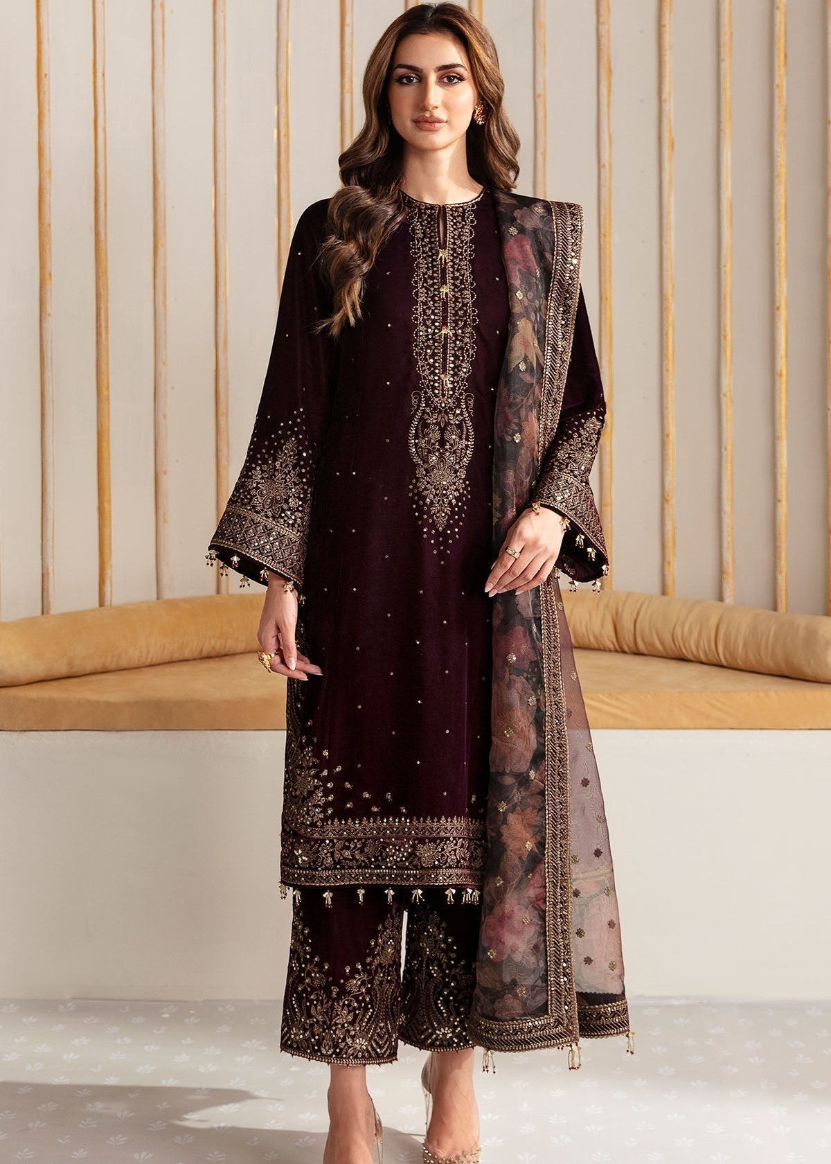 velvet Kurta Set in Plum