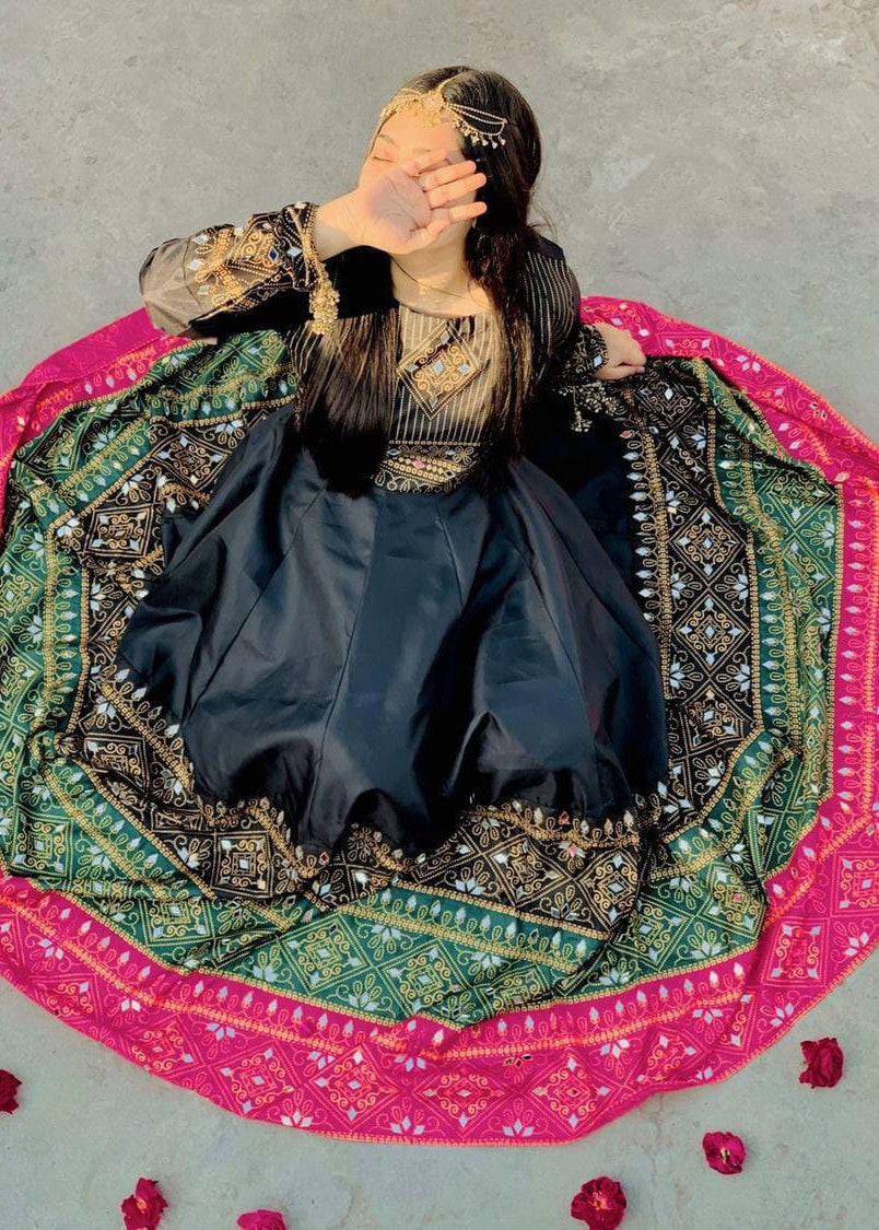 satin silk Anarkali in Black