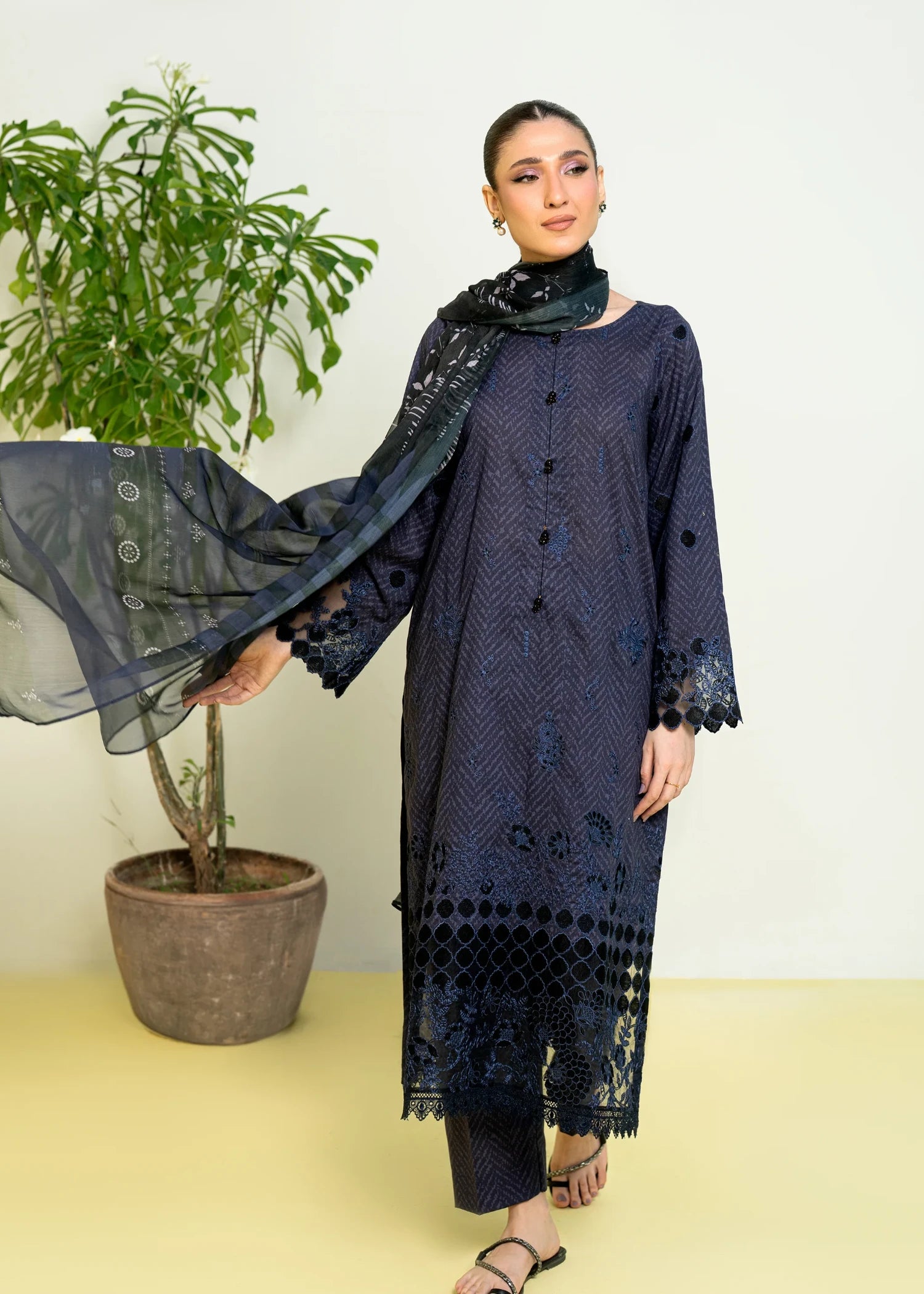 cambric Kurta Set in Black, navy blue