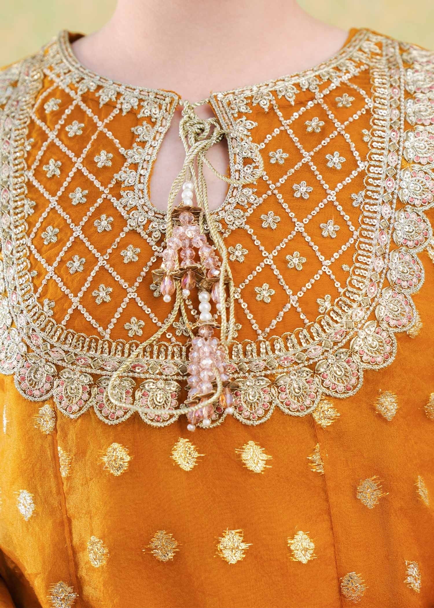 zari organza Pishwas in Mustard