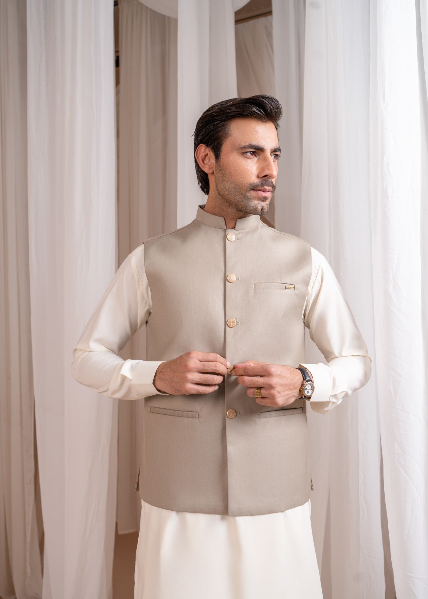 suiting Waistcoat in Beige by Muraqsh