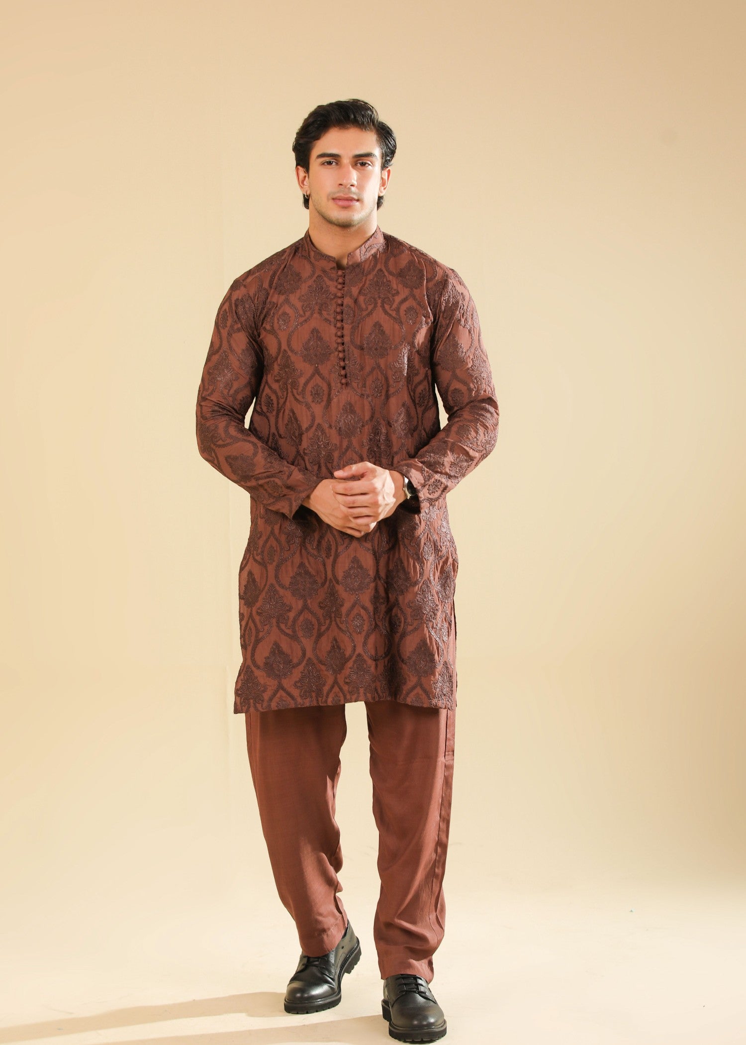 raw silk Kurta Set in Mocha brown