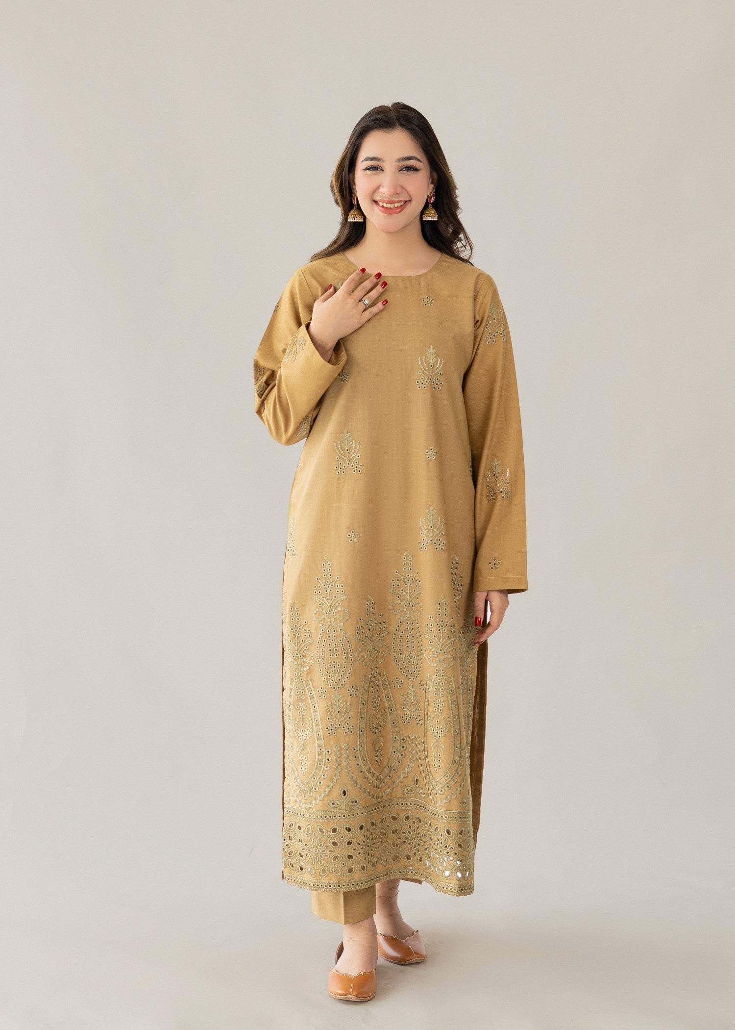slub khaddar Kurta Set in Brown