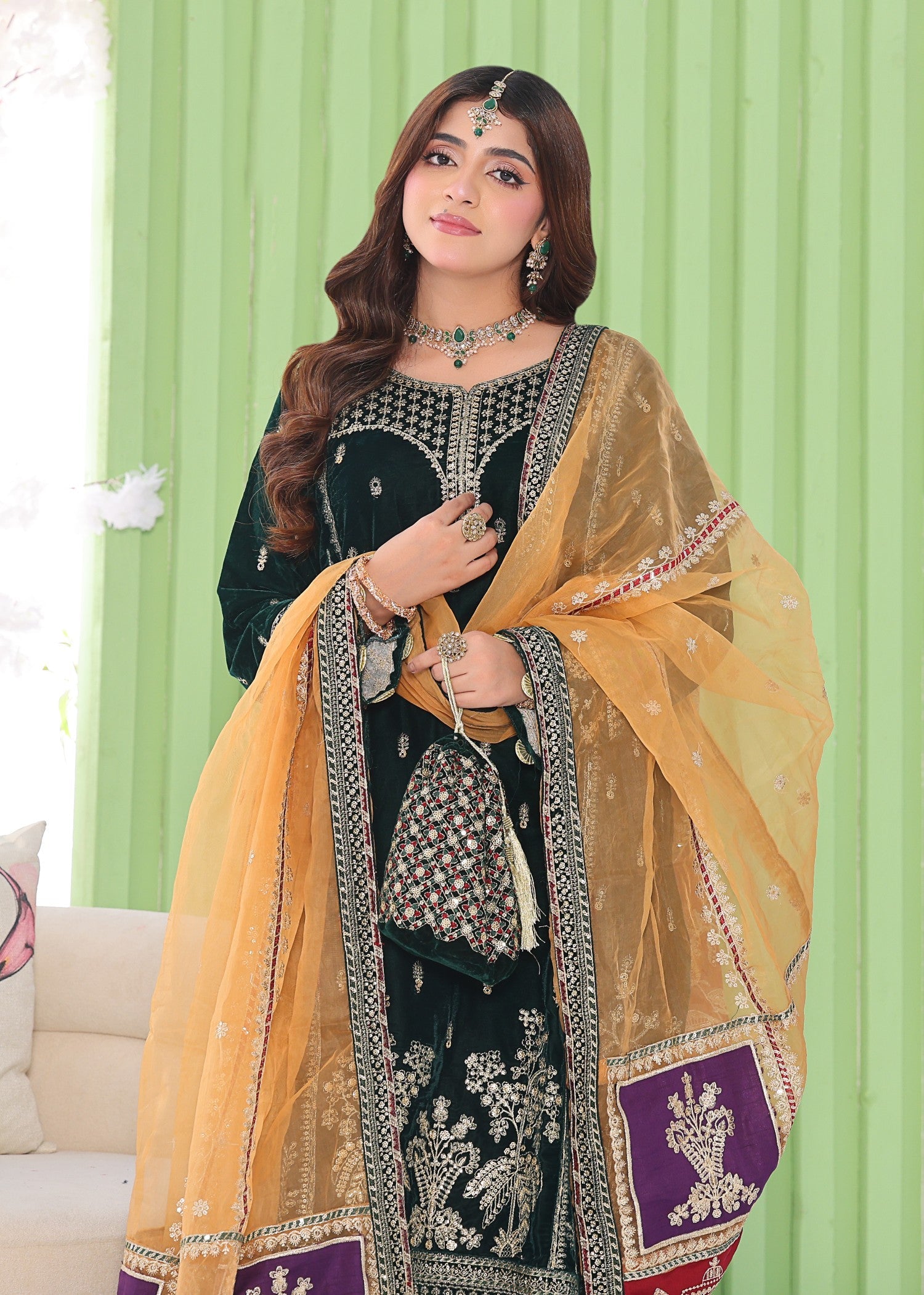 velvet Kurta Set in Bottle green