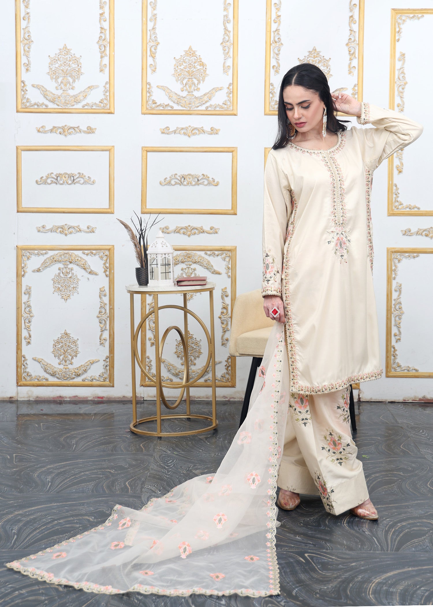 polyester-silk blend Kurta Set in Ivory