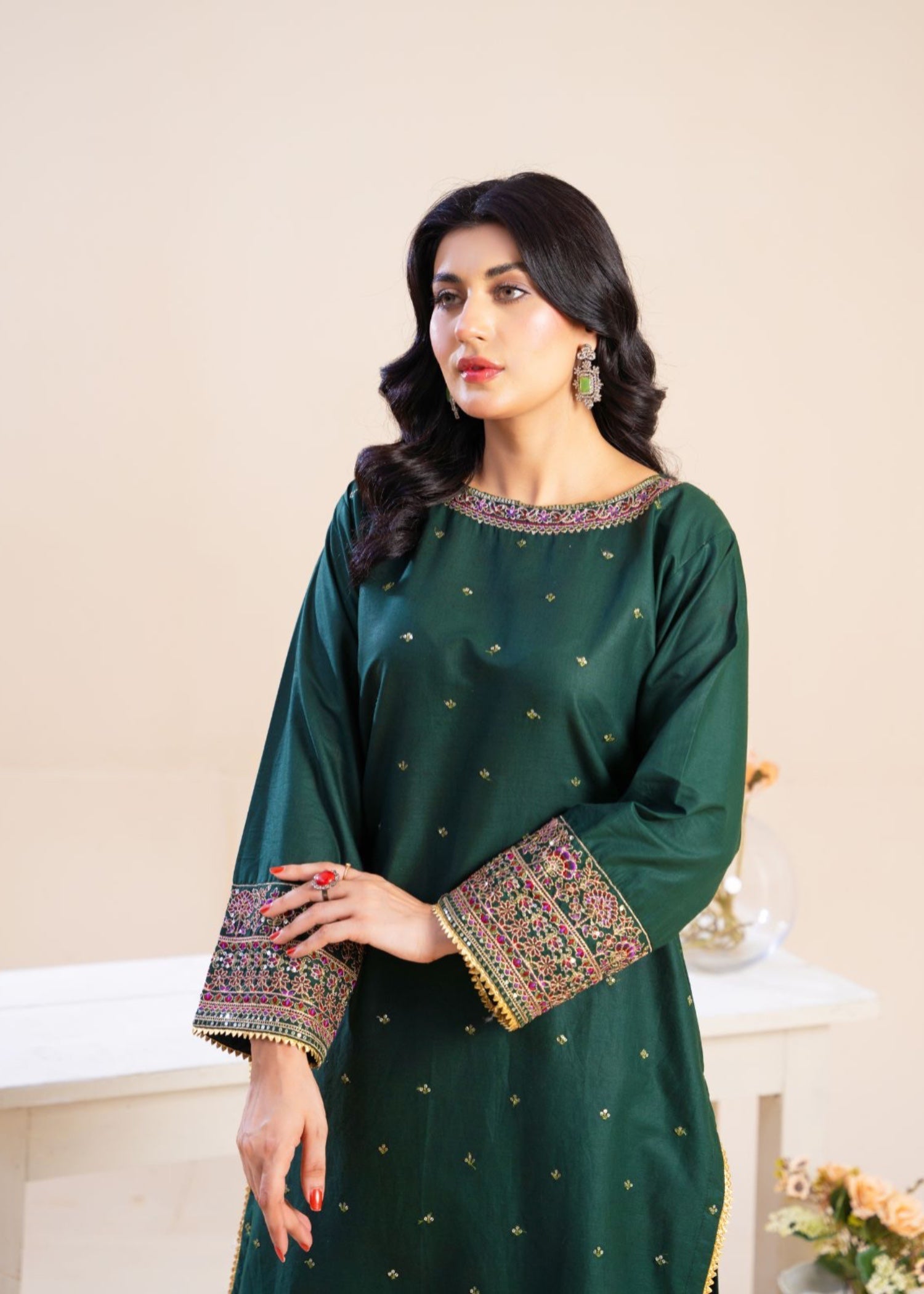 cambric Kurta Set in Bottle green