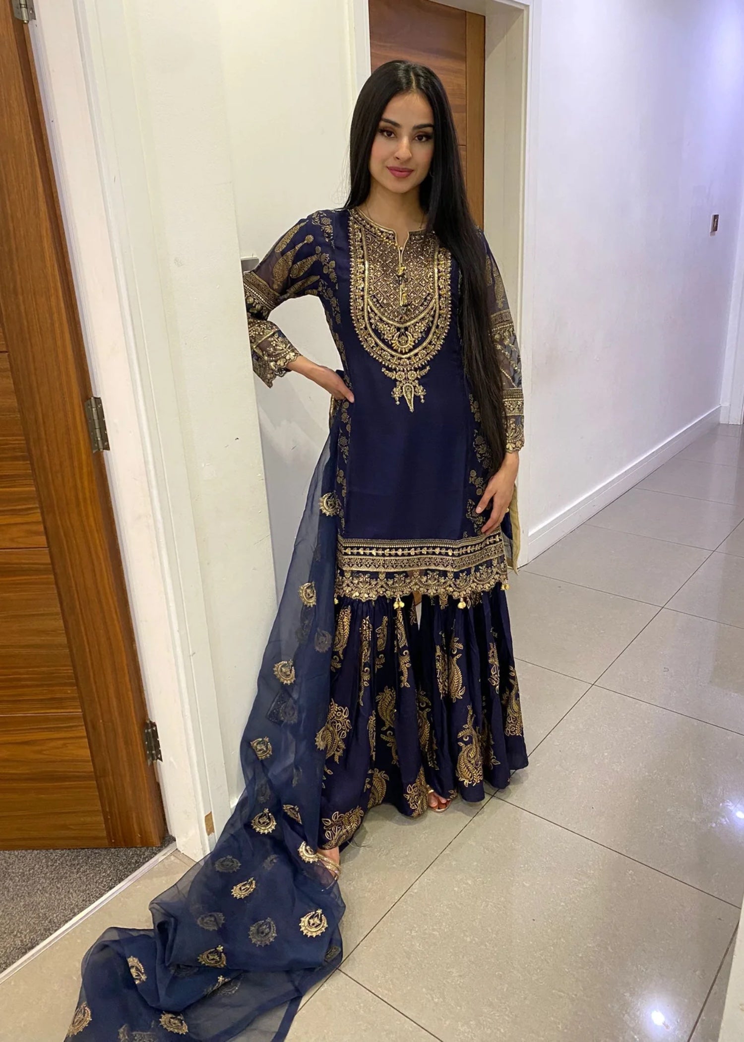 chiffon Gharara in Dark blue