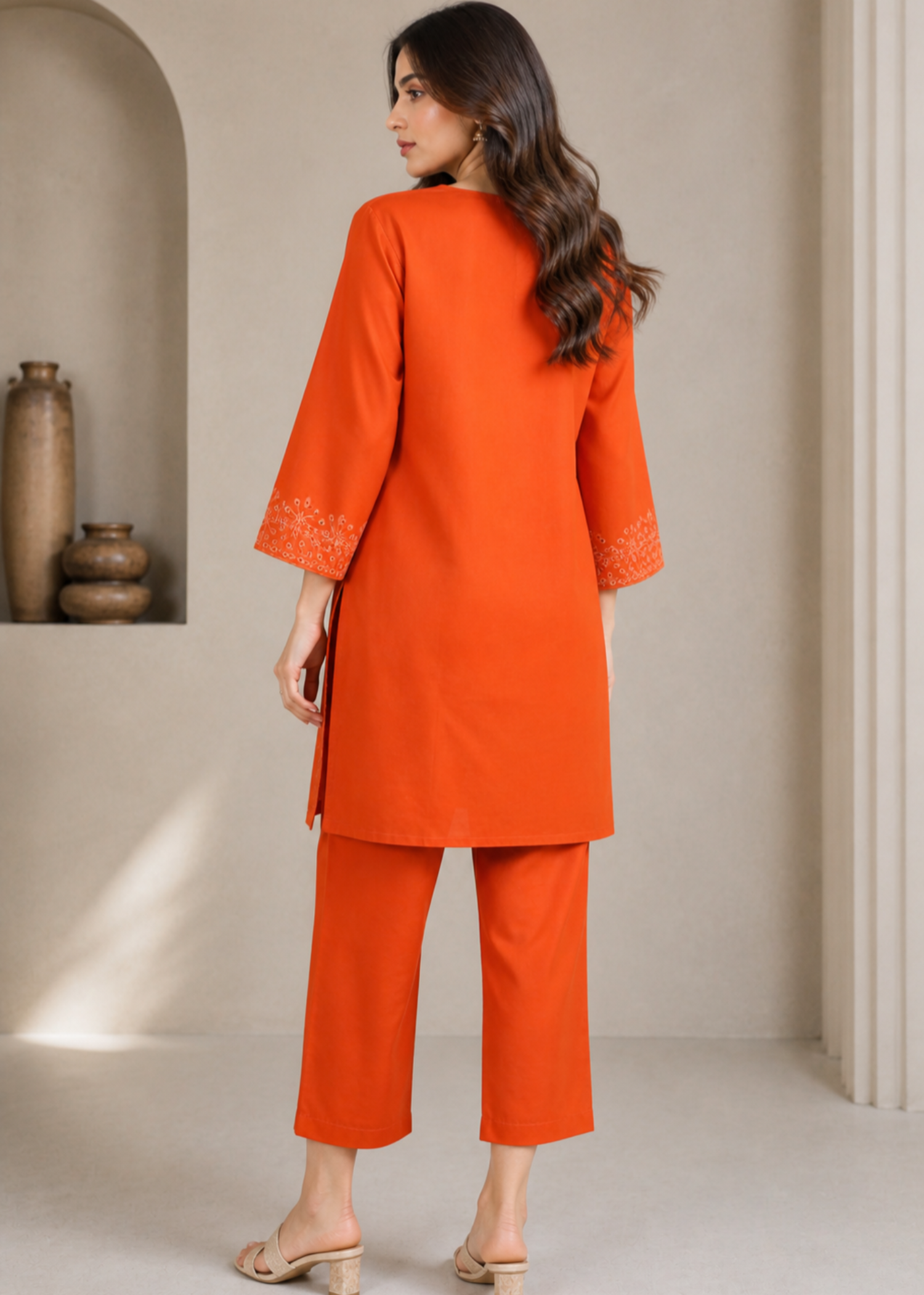 chikankari cotton Kurta Set in Orange