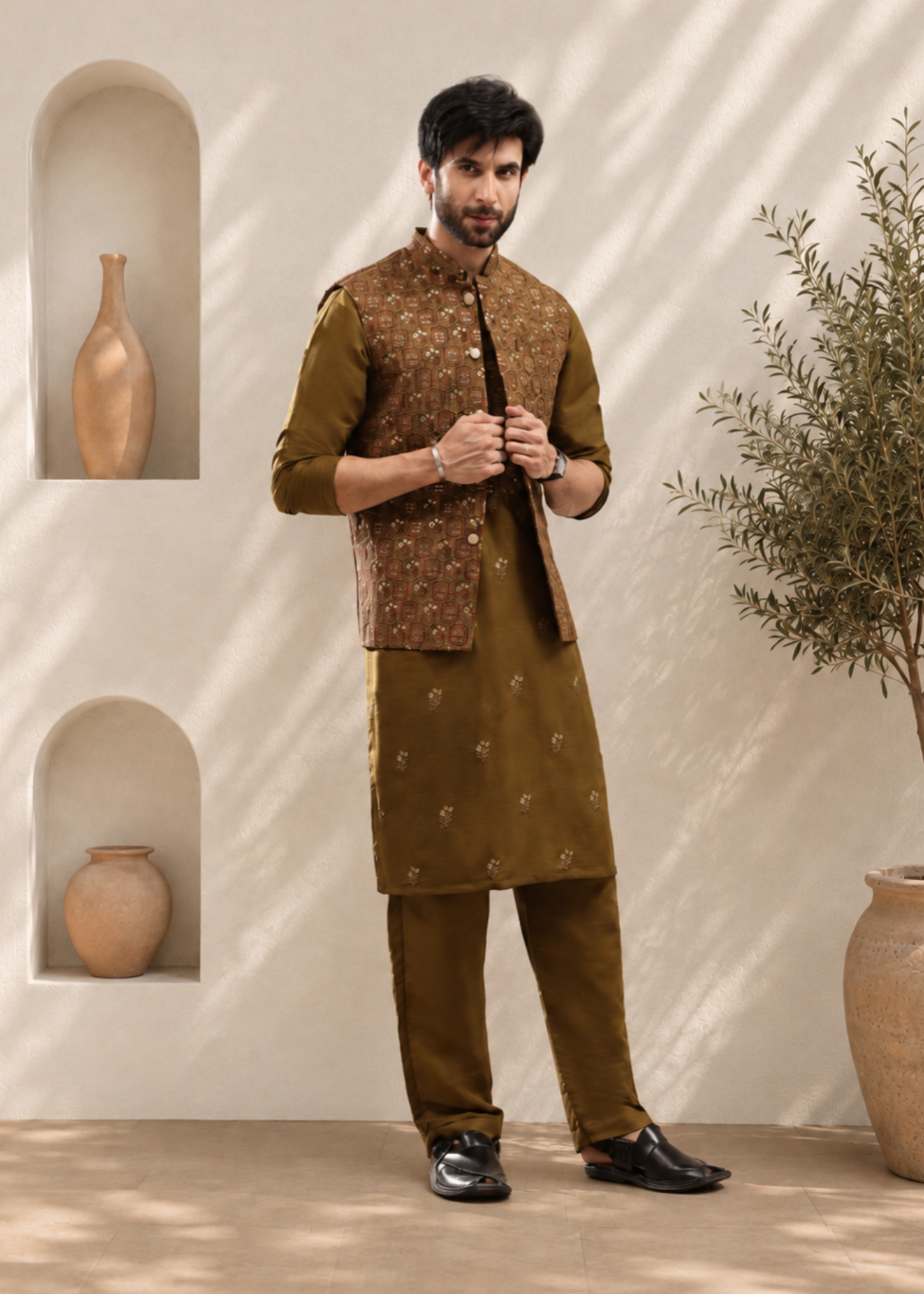 raw silk Waistcoat in Olive green by The Great Masters (TGM)