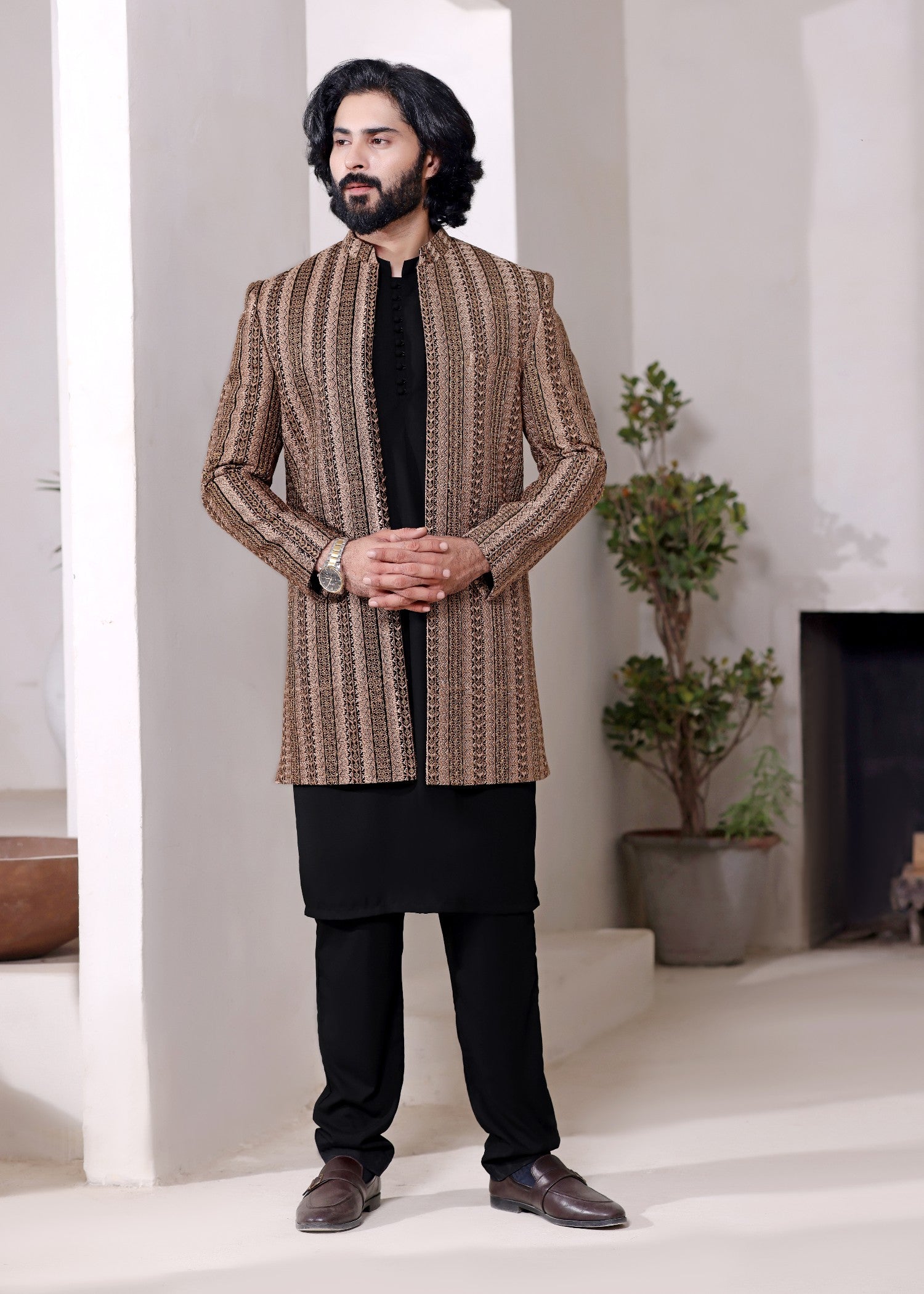 jamawar Sherwani in Brown