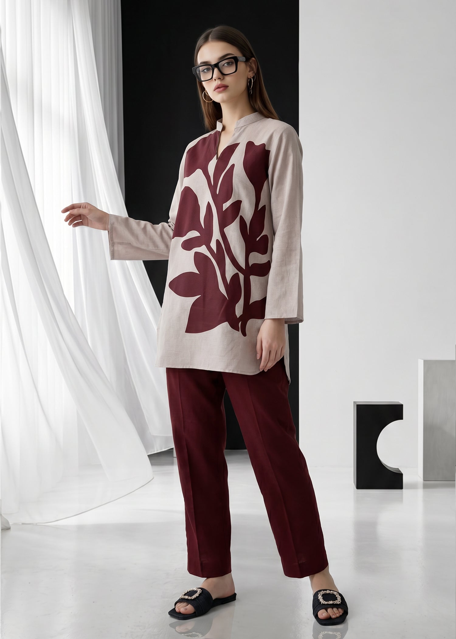 slub lawn Kurta Set in Ash grey