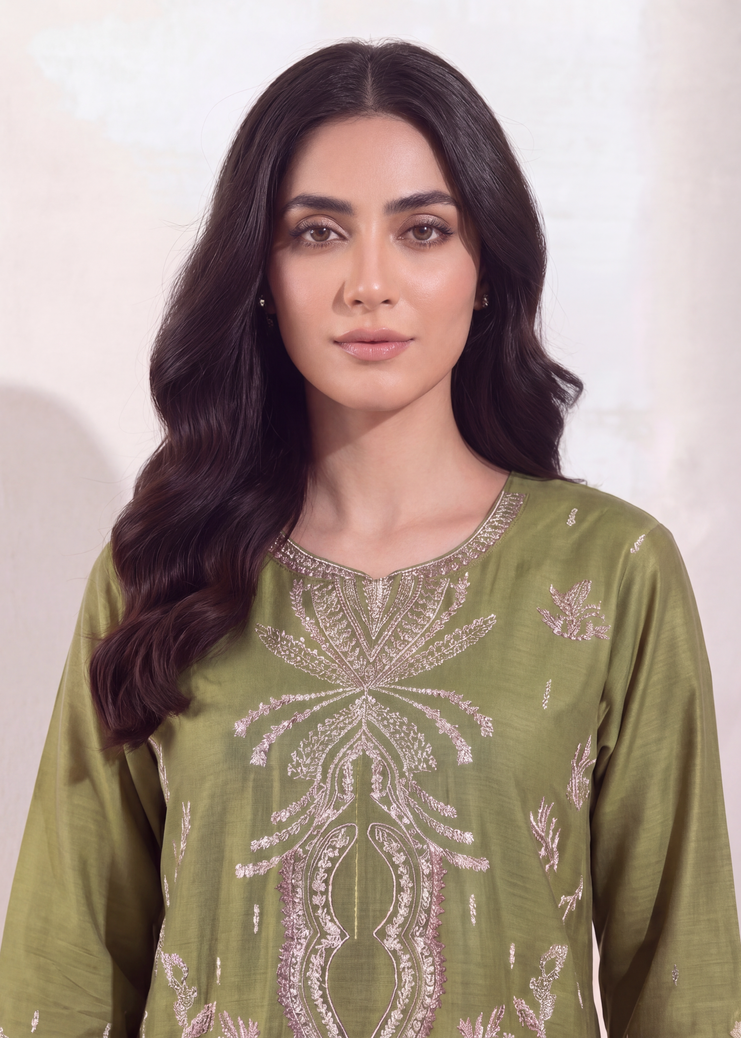 textured lawn Kurta Set in Beige, olive green