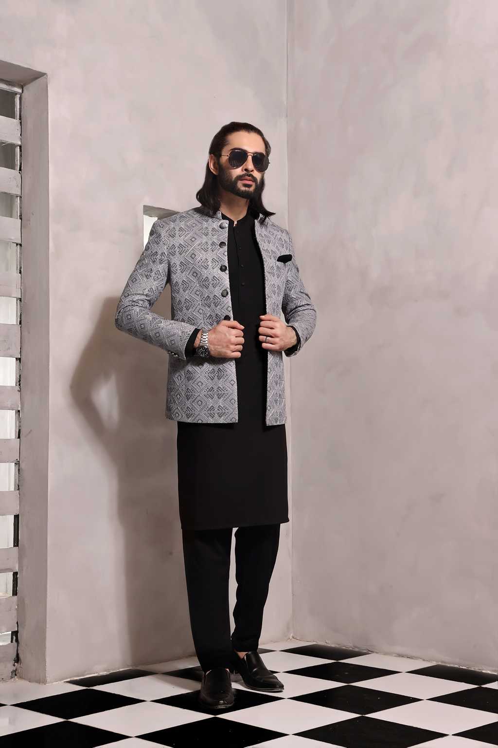 raw silk Prince Coat in Silver