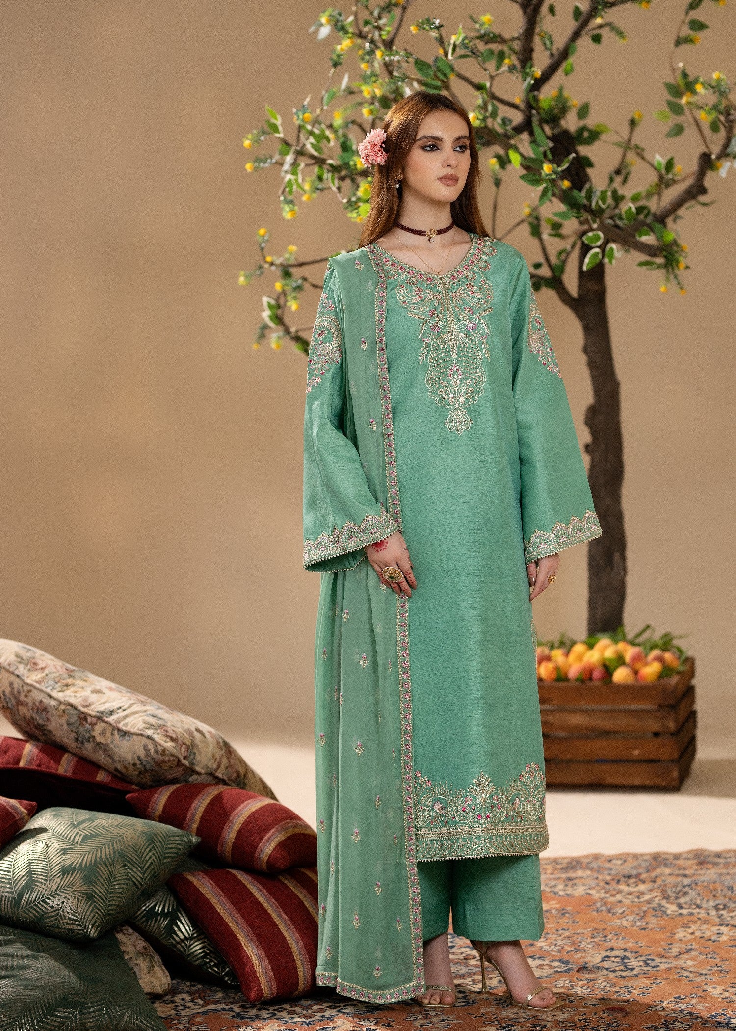 korean raw silk Kurta Set in Mint green