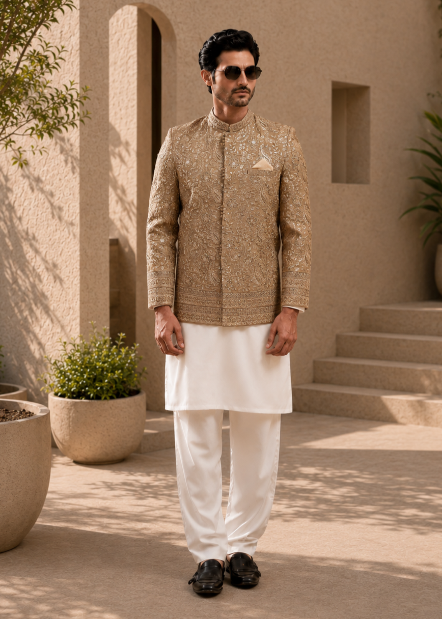 jamawar Prince Coat in Tan brown